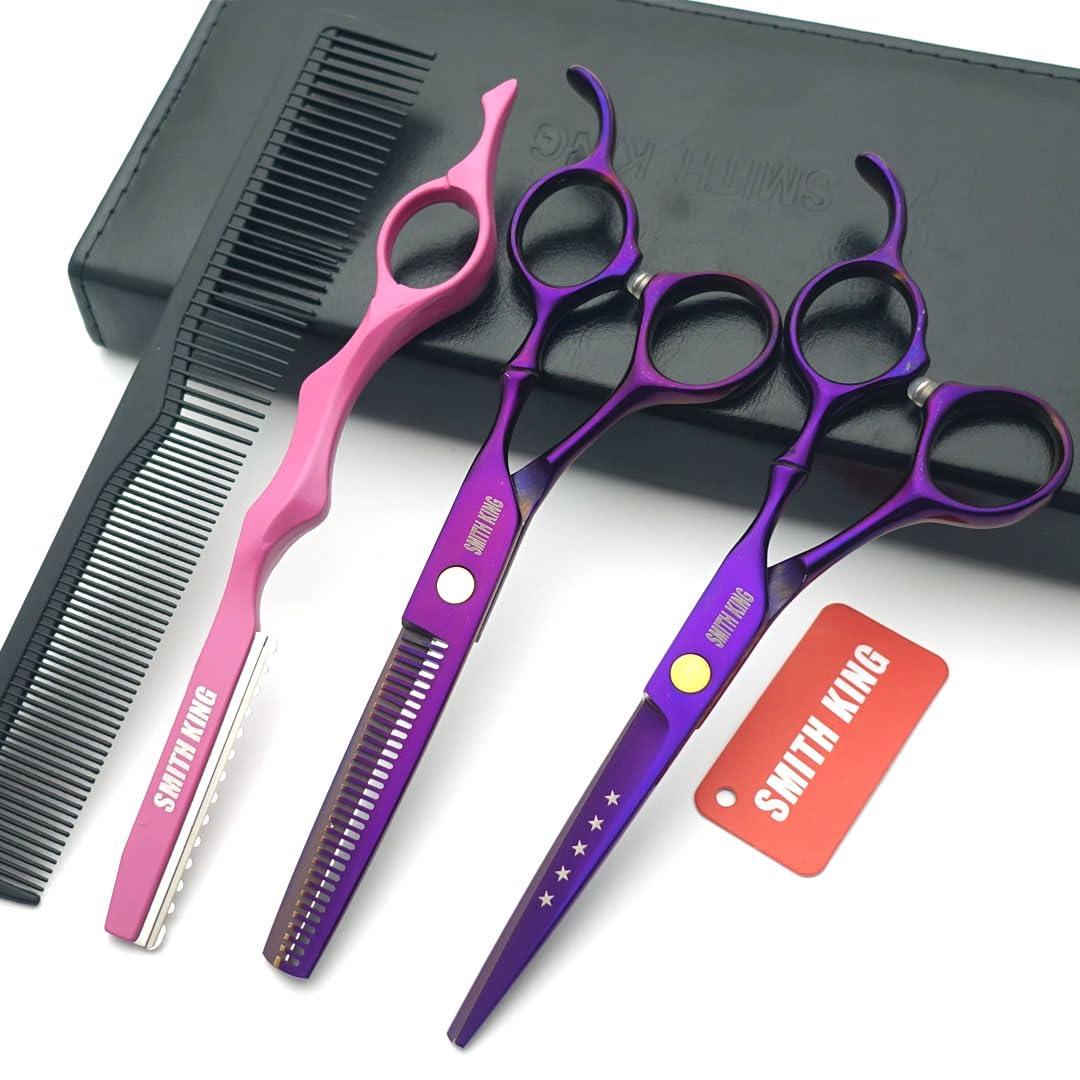 Professional 6.0 Inch Hair Cutting Scissors Set - Sharp Hairdressing Shears, Thinning Scissors with Razor & Comb - Violet Color for Salon & Home Hair Styling - Perfect for Barbers, Stylists & DIY Haircuts