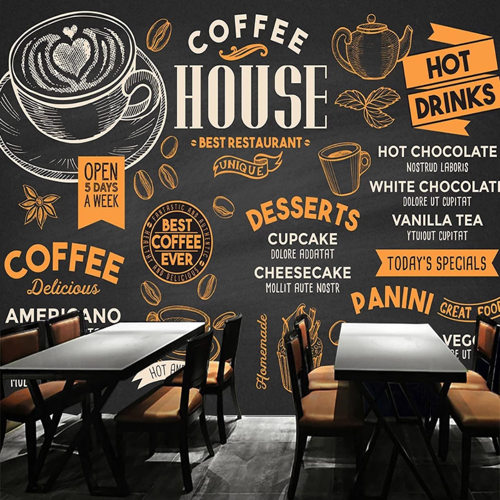 Vintage Blackboard Background 3D Wall Mural - Creative Graffiti Watercolor Coffee Wallpaper for Cafe & Fast Food Restaurant Decor (173
