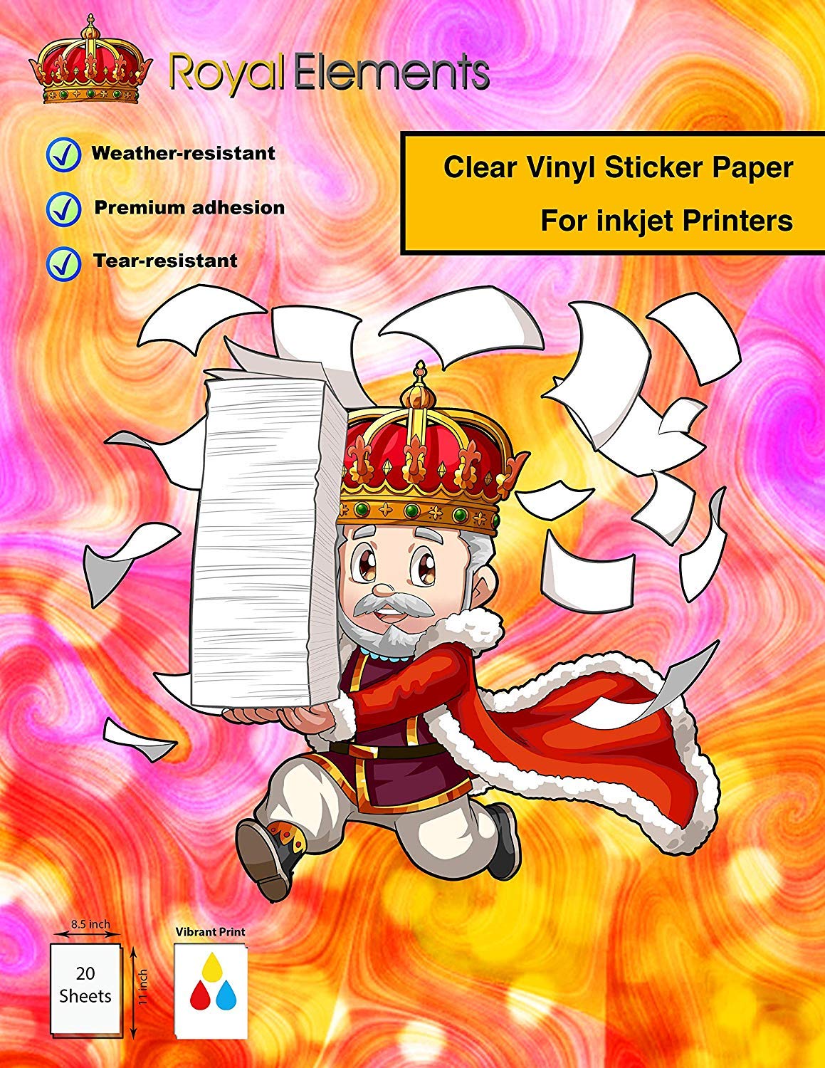 Royal Elements Clear Printable Vinyl Sticker Paper - 20 Waterproof Sheets for Inkjet & Laser Printers - DIY Labels, Decals, Crafts, Scrapbooking & Home Decor Projects