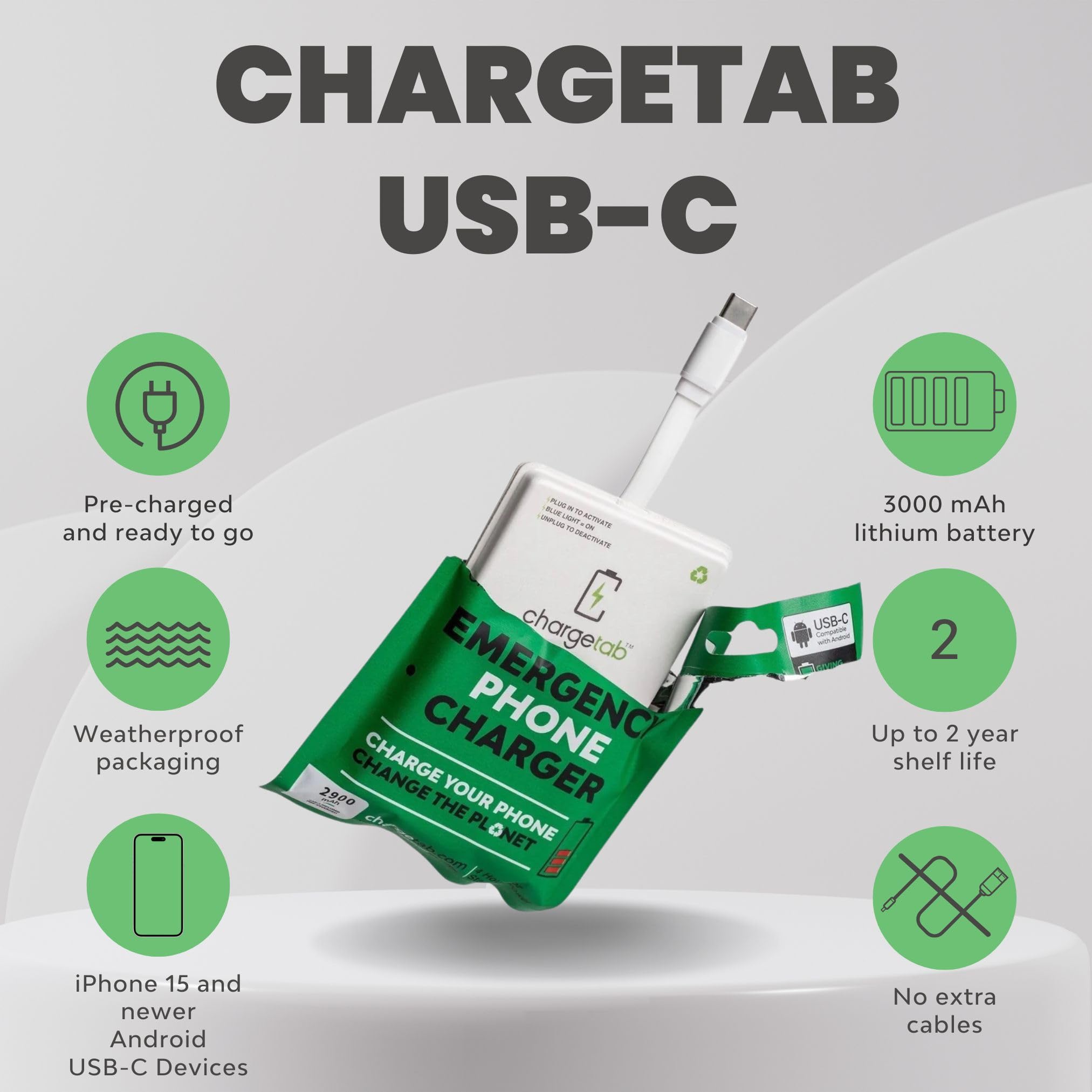 ChargeTab Emergency Portable USB-C Charger 3000mAh - Slim & Light Power Bank with 2-Year Shelf Life - Fast Charging for iPhone 15/16, Samsung Galaxy, Android USB-C Devices (10 Pack) - Perfect for Travel, Camping, and Emergency Power Backup