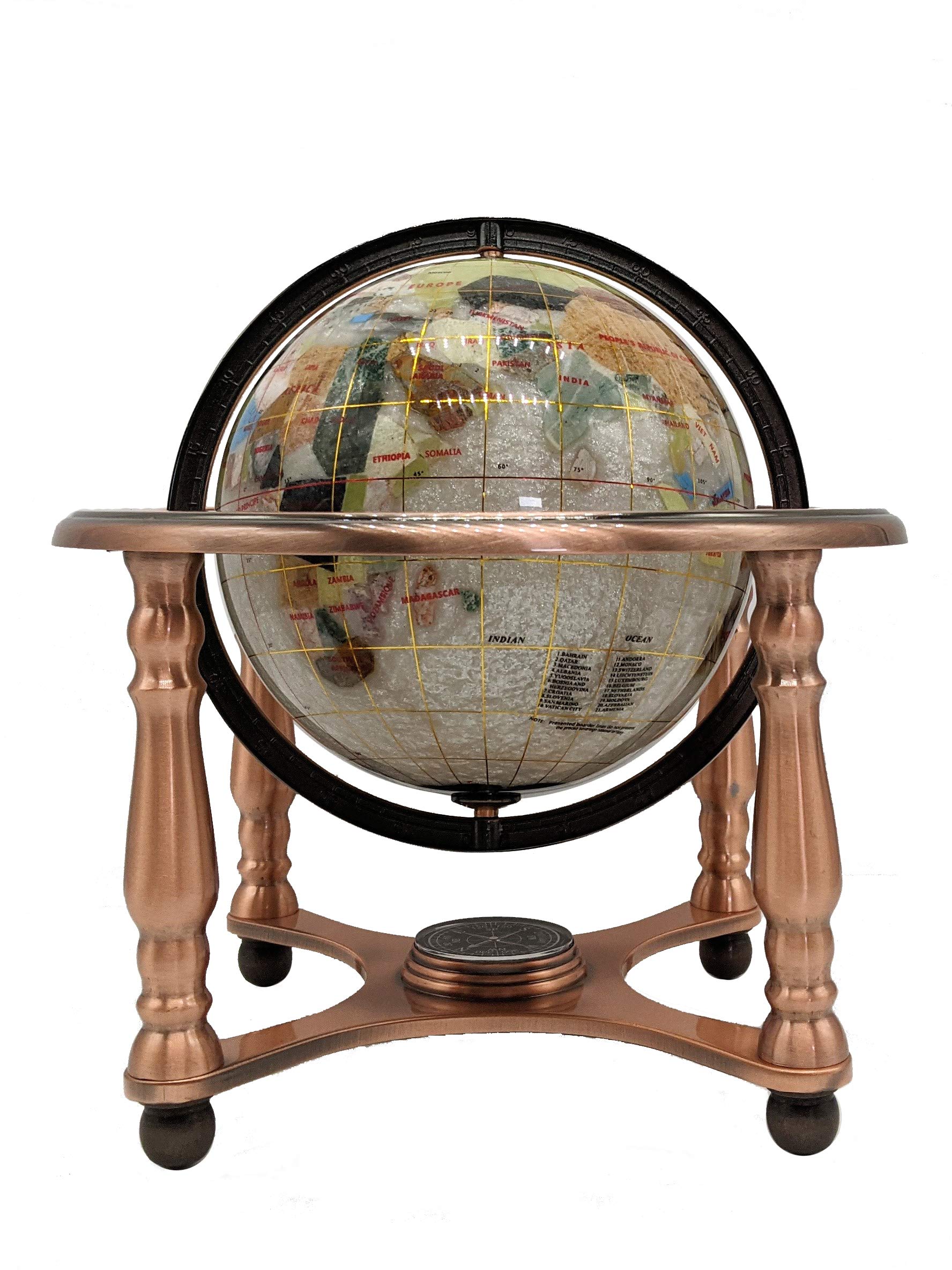 10-Inch Pearl Swirl Ocean Gemstone World Globe with Copper Stand - Unique Art Tabletop Decor for Home, Office & Gift Giving