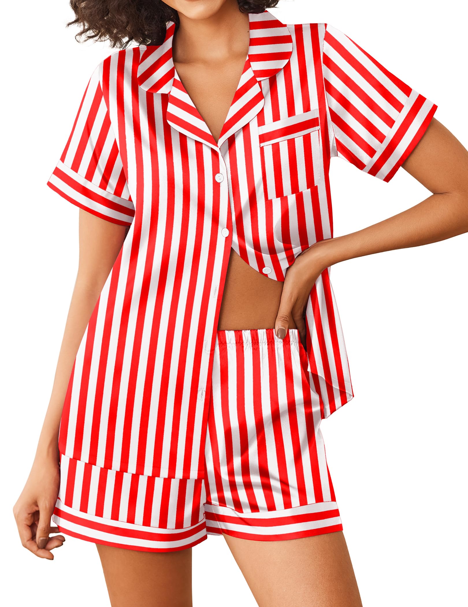 Ekouaer Women's Silk Satin Pajama Set - 2 Piece Short Sleeve Sleepwear with Button Down Top & Shorts - Comfortable Lounge Wear for Women Sizes S-XXL - Perfect for Sleeping, Relaxing at Home & Vacation Getaways