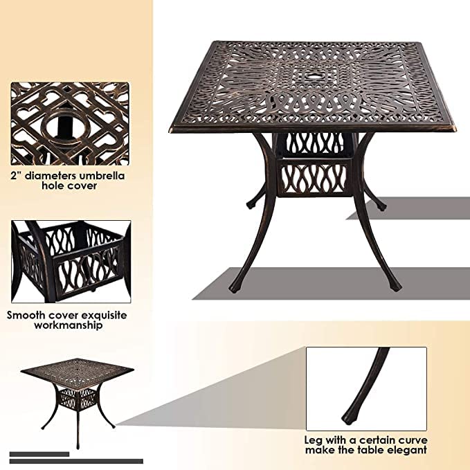 Grepatio 35.4 Inch Square Cast Aluminum Outdoor Dining Table with Umbrella Hole - Compact Bistro Table for Patio, Garden, Deck or Balcony - Antique Bronze Finish Conversation Table for Small Spaces