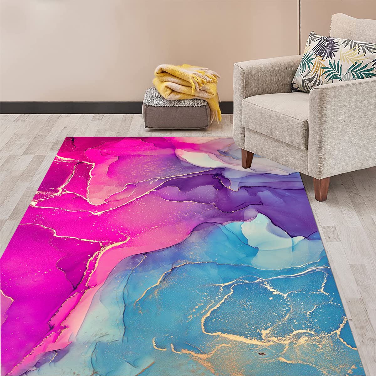 Blue Red Gold Waves Marble Abstract Area Rug 7x10 ft - Colorful Aesthetic Boho Modern Carpet for Living Room, Bedroom, Girls Room - Soft Floor Rug Under Dining Table, Coffee Desk, Home Office - Stylish & Chic Decor for Cozy Spaces