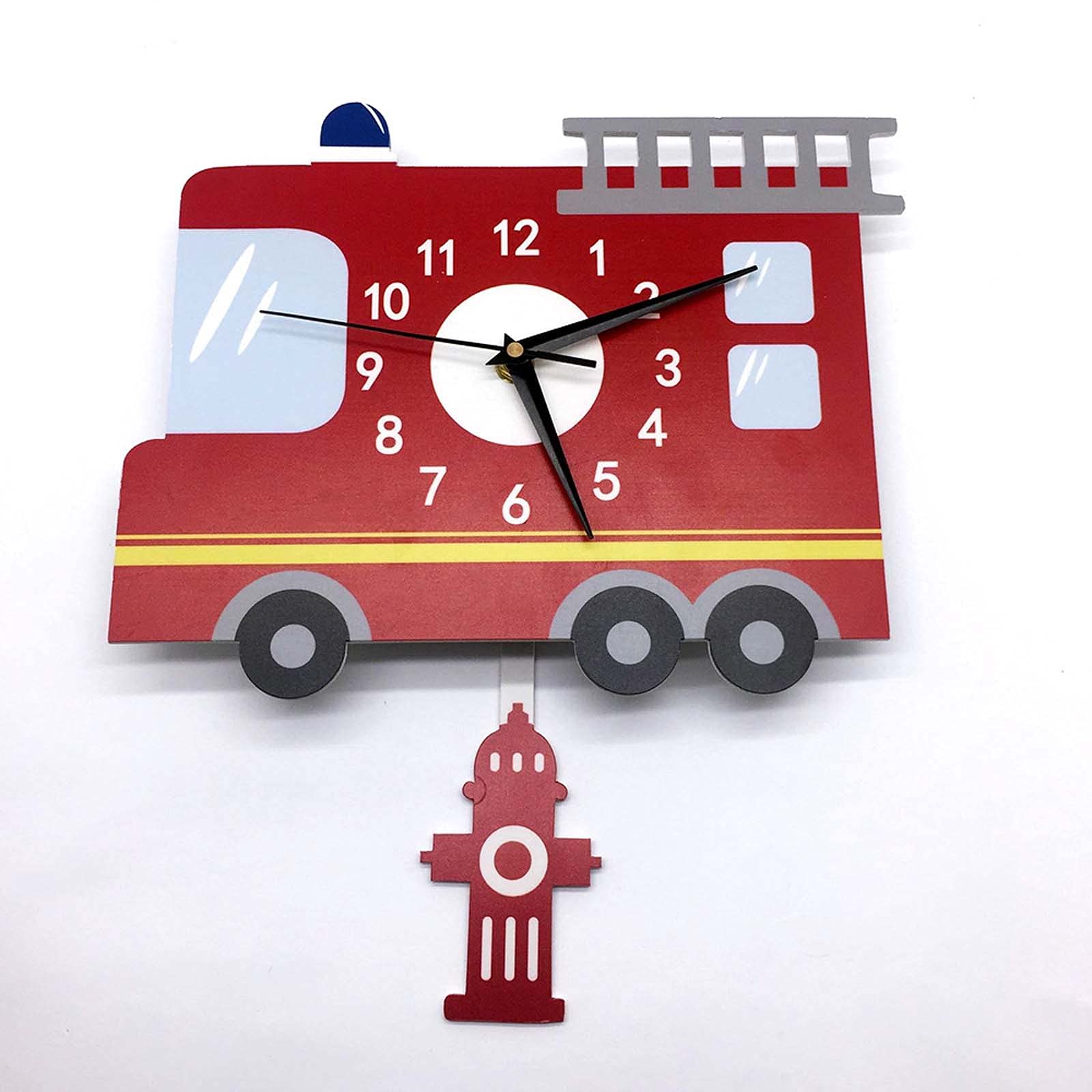 Nordic Style Pendulum Wall Clock - Cartoon Mute Silent Non-Ticking Wall Clock with Fire Truck Design for Kids Room, Nursery, Playroom & Home Decor