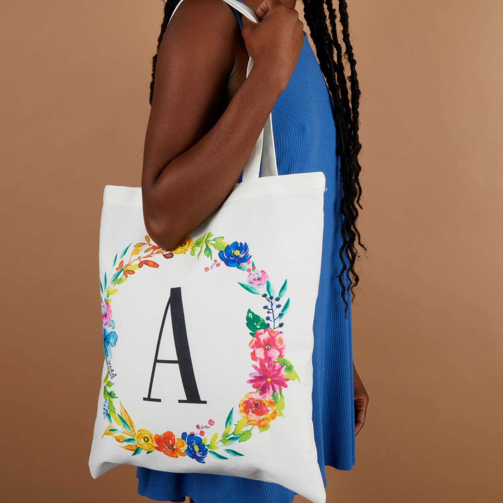 Personalized Monogram Letter Tote Bags for Women - Set of 2 Reusable Floral Design Shopping Bags (29 Inches) - Perfect for Grocery Shopping, Beach Trips & Everyday Use