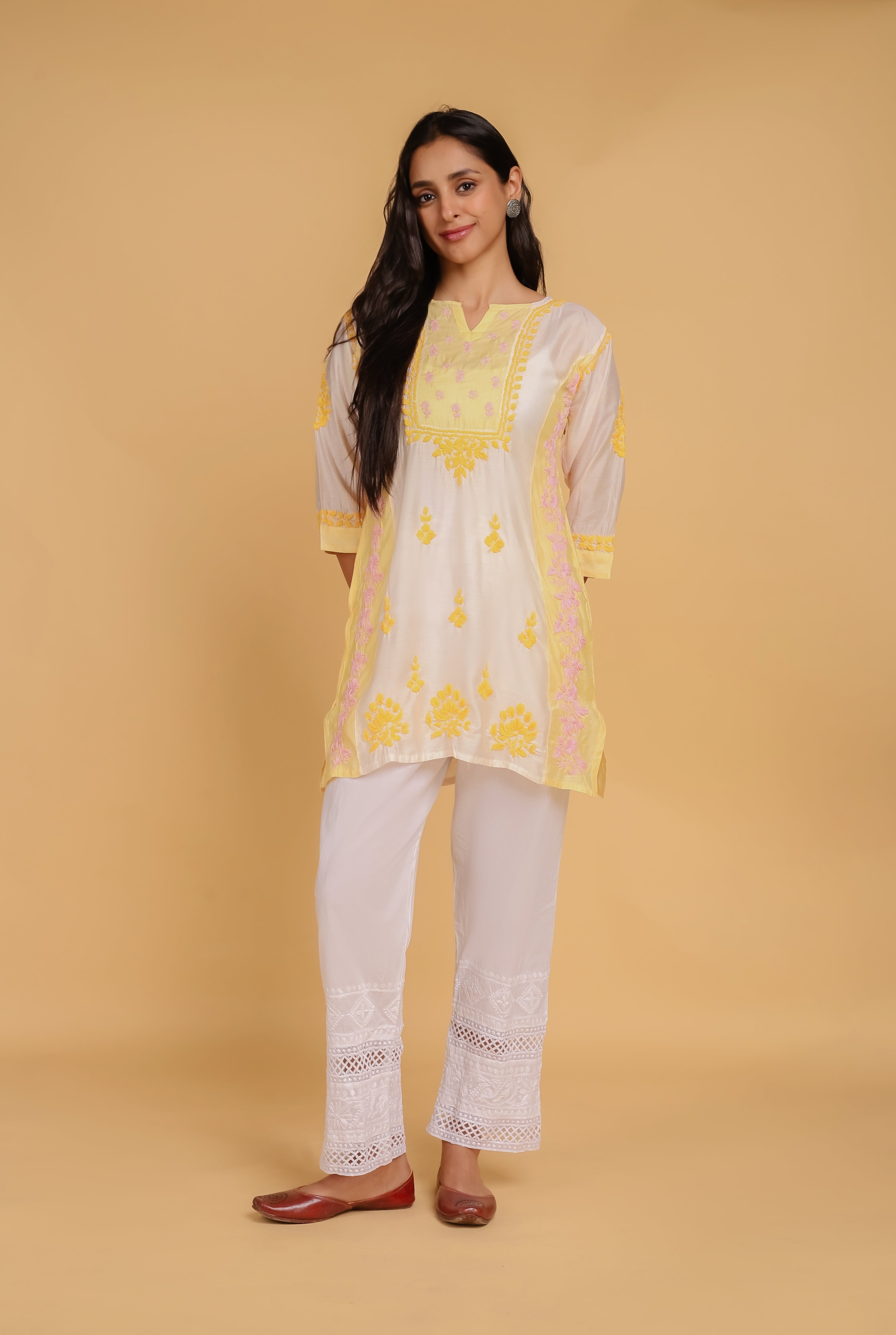 Elegant Saba Chikankari Short Kurta in Premium Chanderi Silk - Yellow & White Ethnic Wear | Perfect for Festivals, Weddings & Cultural Events