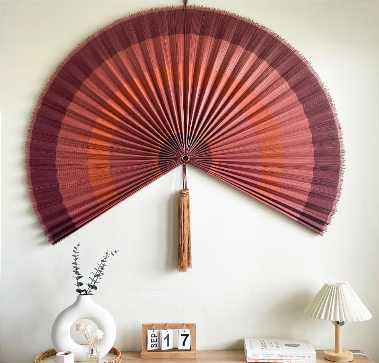 Large Japanese Bamboo Fan Wall Decor - 60 Inch Boho Hanging Headboard Art, Decorative Folding Fan for Over Bed Decor, Terracotta Wall Art for Living Room, Bedroom & Zen Home Decor