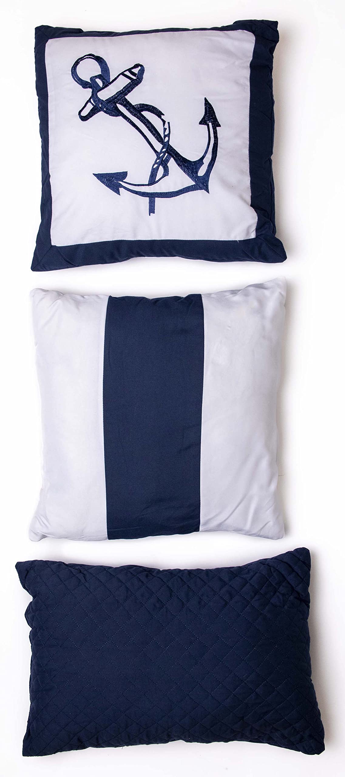 Legacy Decor 7-Piece Microfiber Nautical Themed Comforter Set - Navy Blue & White Striped - Full/Queen/King Size (Queen) | Coastal Bedroom Decor | Beach House & Boat Cabin Bedding