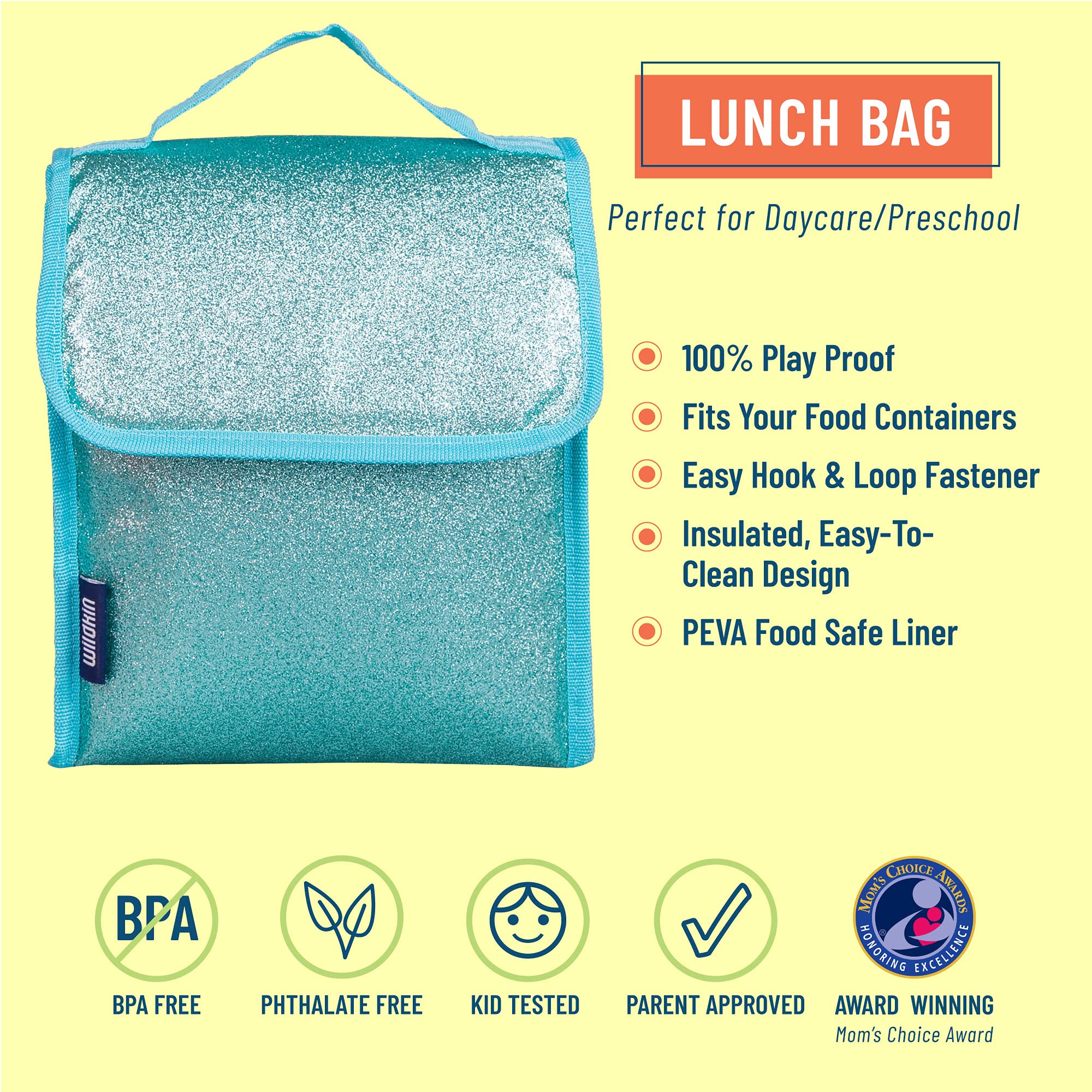 Wildkin Kids Insulated Lunch Bag - Reusable Thermal Lunch Box for School, Travel & Picnics - Keeps Food Hot/Cold for Hours - Blue Glitter Design - Perfect for School Lunches, Road Trips & Outdoor Adventures