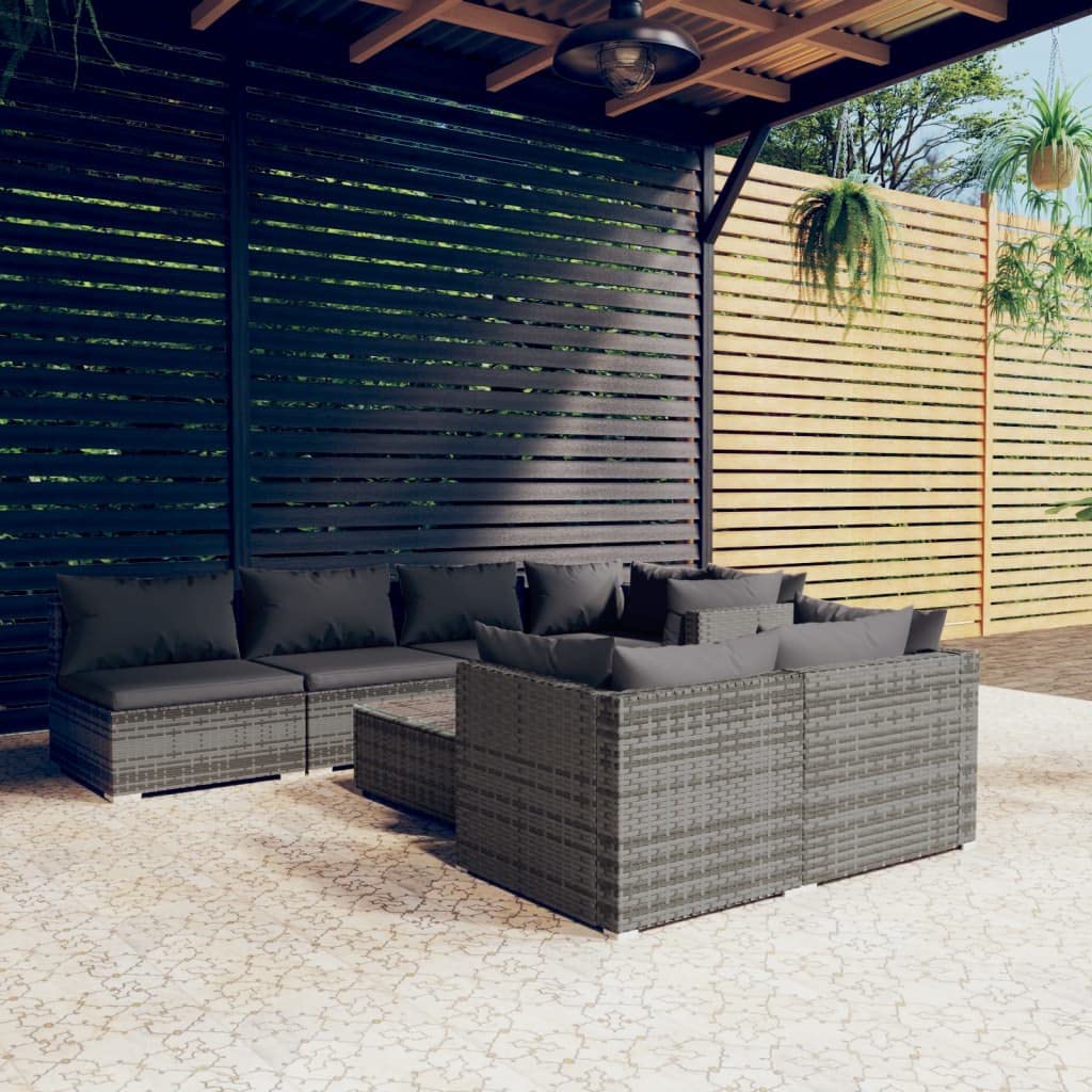 vidaXL 8-Piece Patio Lounge Set, Outdoor Garden Furniture with Cushions - Gray Poly Rattan Sectional Sofa for Backyard, Poolside & Terrace Relaxation