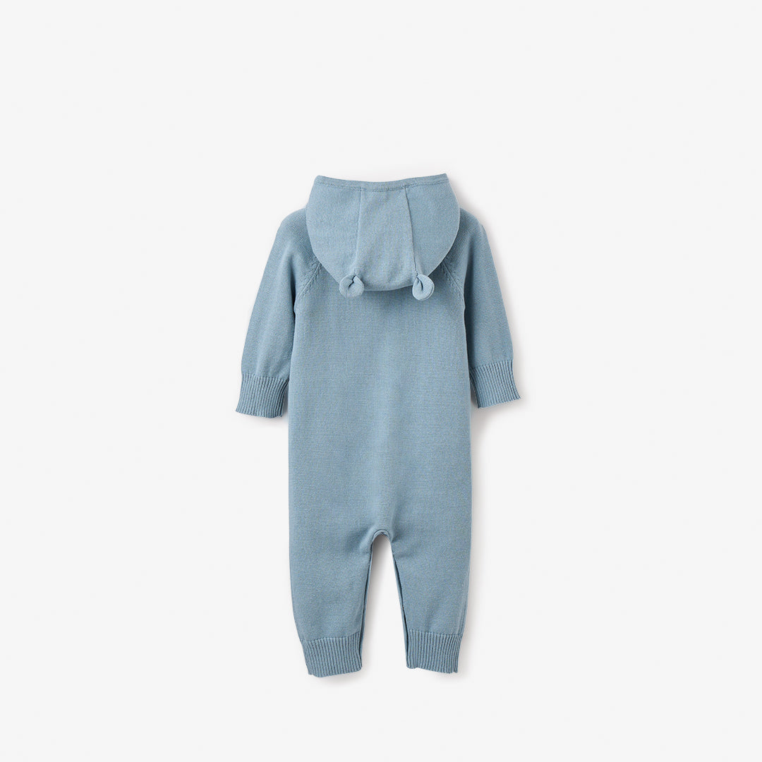 Blue Hooded Knit Jumpsuit for Women - Soft Cotton Blend Winter Romper with Pockets | Cozy Loungewear, Casual Outfit & Streetwear Fashion