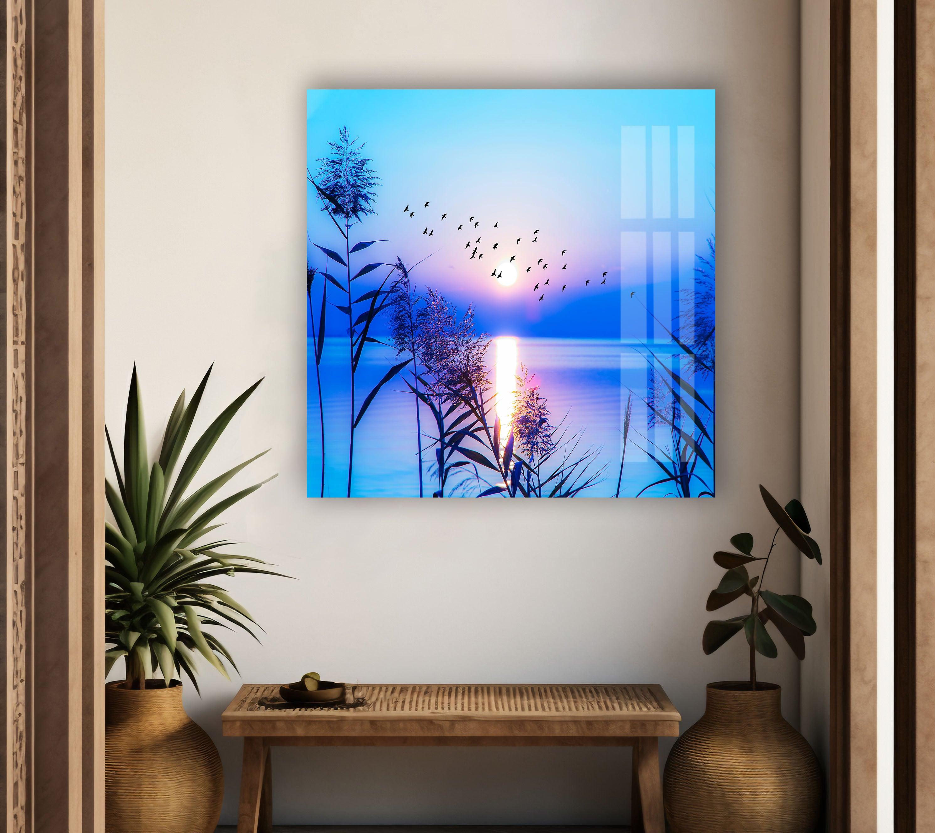 Blue Sunrise On Lake Glass Wall Art - Stunning Handmade Glass Painting for Home & Office Decor - Perfect for Living Room, Bedroom, or Office Wall Decoration