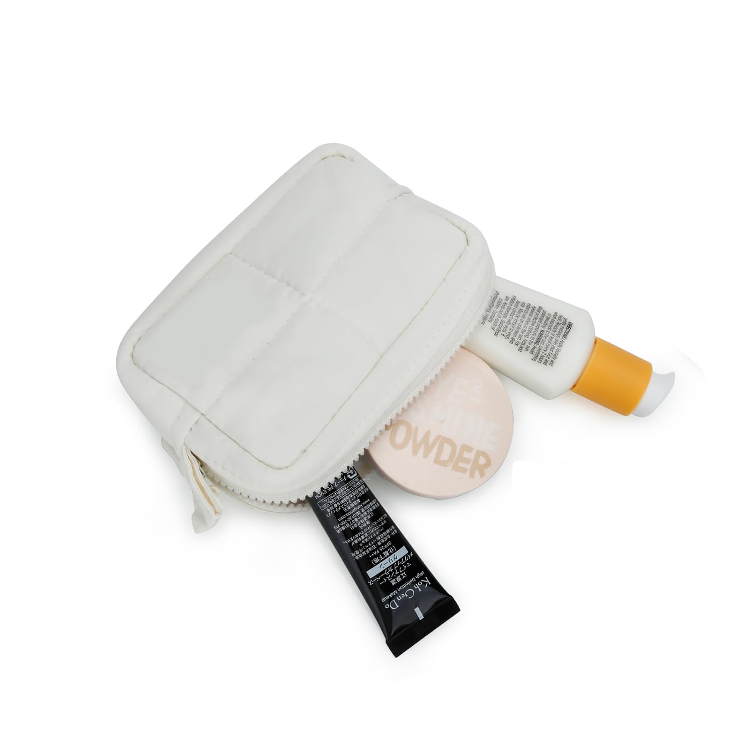 Cute Mini Makeup Bag for Women - Travel Cosmetic Organizer | White Quilted Toiletry Pouch for Daily Use & Trips