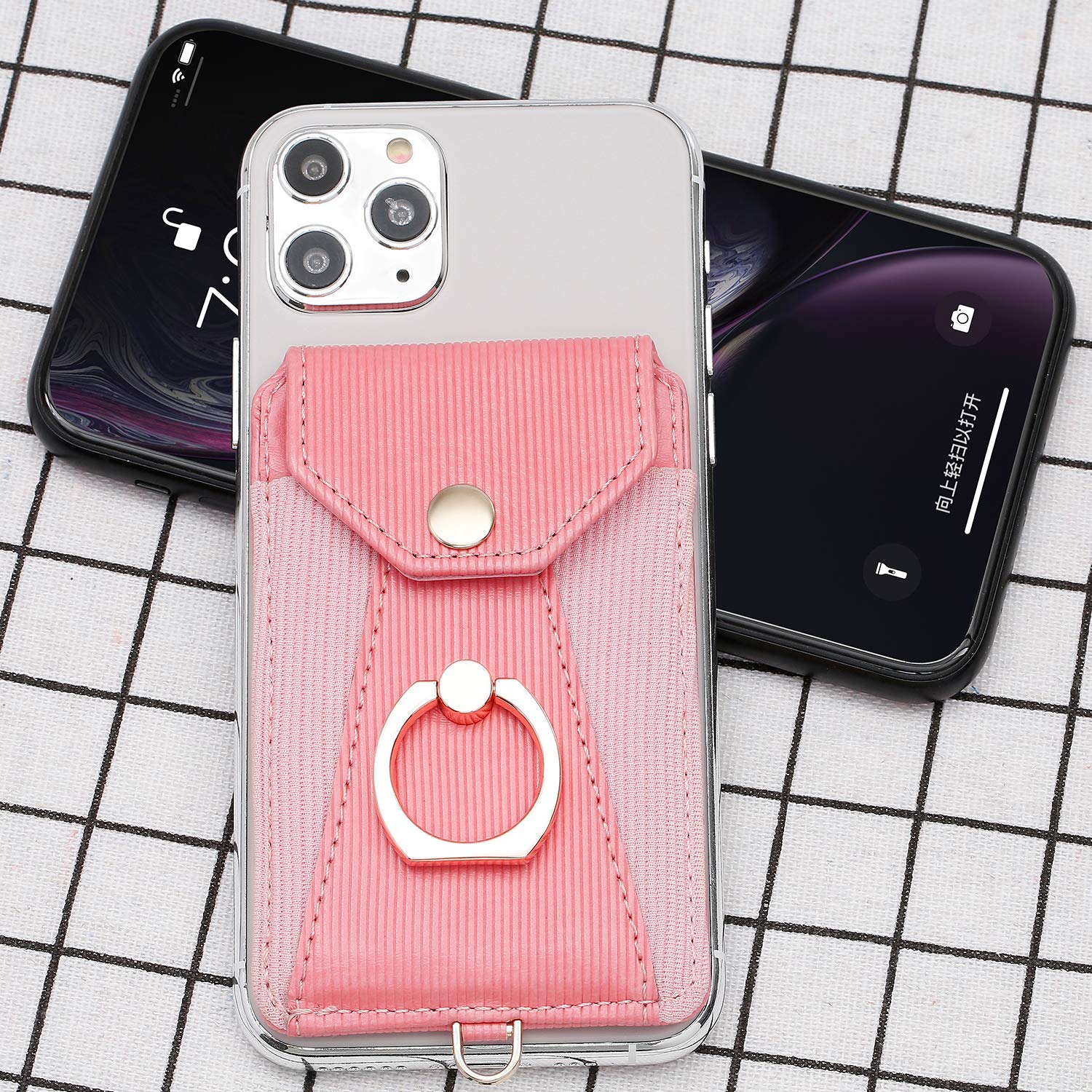 Pink Adhesive Stick-on Cell Phone Card Holder with Ring Grip Stand & Detachable Neck Strap - Wallet Pocket for Credit Cards, ID & Cash - Perfect for Hands-Free Shopping, Travel & Daily Commute