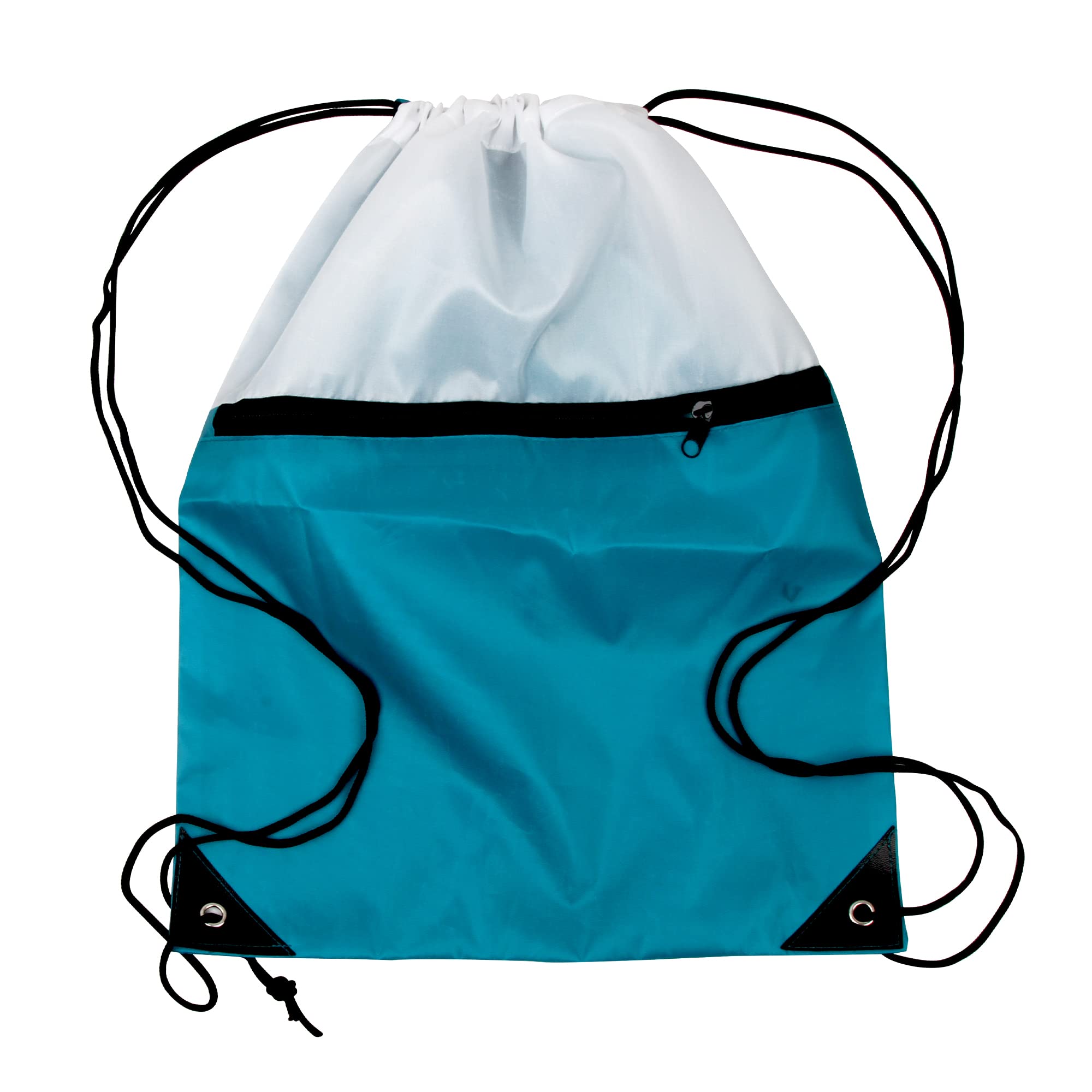ICObuty 6 Pack Sports Gym Bag - Cheerleading Drawstring Backpack for Men & Women - 210D Polyester Durable Backpack with Heat Pressing Option (White/Teal) - Perfect for Gym, Cheer Practice, Sports Events & Travel
