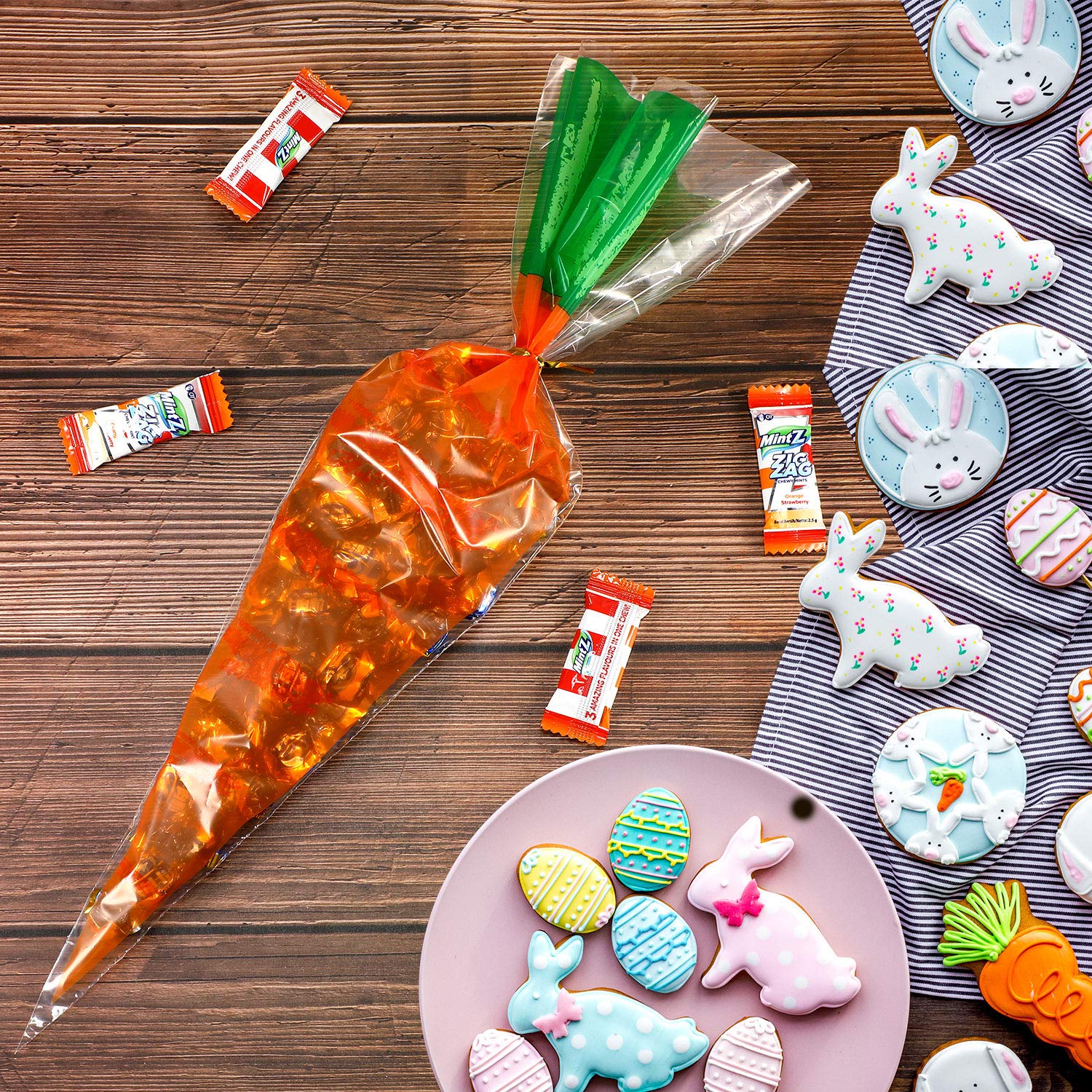200 Counts Easter Carrot Patterned Cellophane Treat Bags with Gold Twist Ties - Party Favors for Easter Egg Hunts, Classroom Rewards & Holiday Gift Wrapping (200 Pieces)