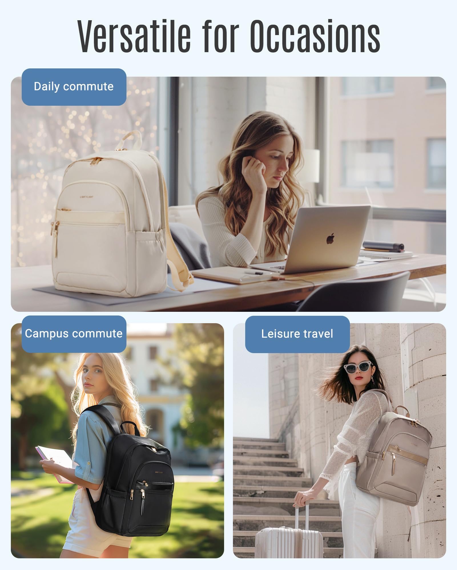 LIGHT FLIGHT Women's Travel Backpack - 15.6 Inch Water-Resistant Laptop Backpack with USB Charging Port - Stylish College & Work Computer Bag for Daily Use - Perfect for Commuting, Business Trips & Campus Life - Black
