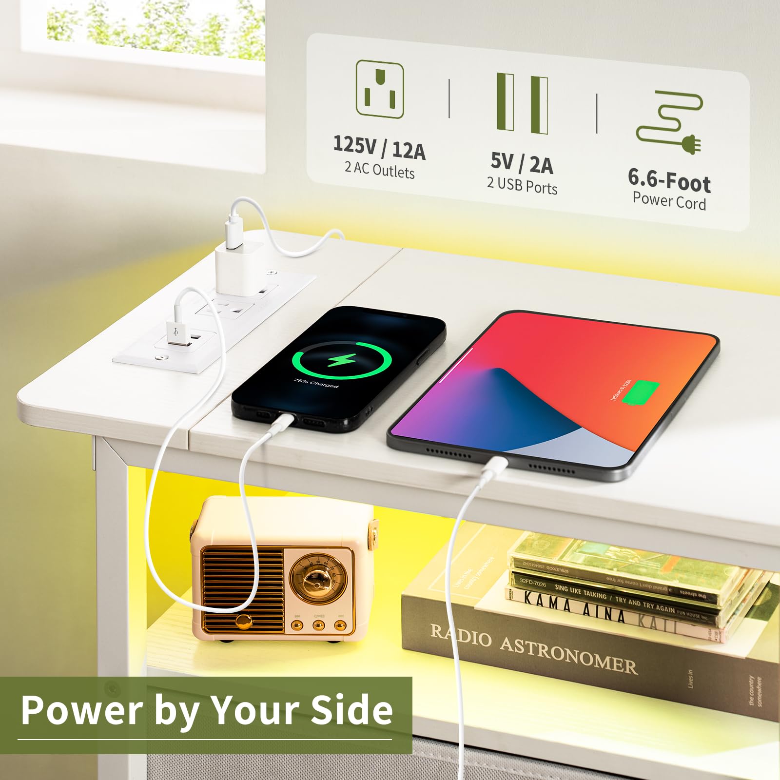 Yoobure LED Narrow End Table with Charging Station - Small Nightstand with 3 Fabric Drawers, Skinny Side Table for Bedroom, Living Room & Small Spaces - Perfect for Bedside Storage, Phone Charging & Home Decor