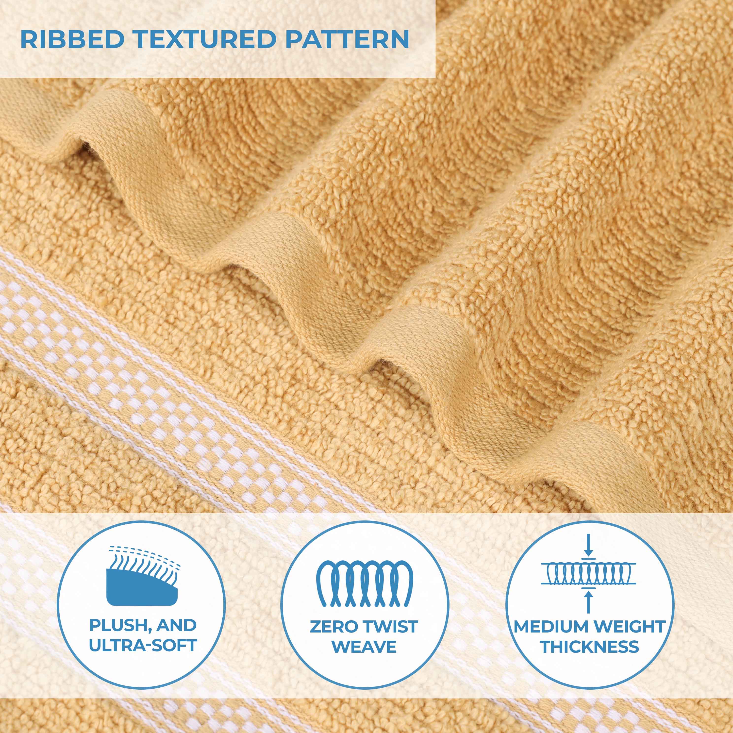 12-Pack Zero Twist Cotton Ribbed Geometric Border Plush Face Towels | Ultra Soft Bath & Hand Towels for Spa, Gym, Travel & Home Use