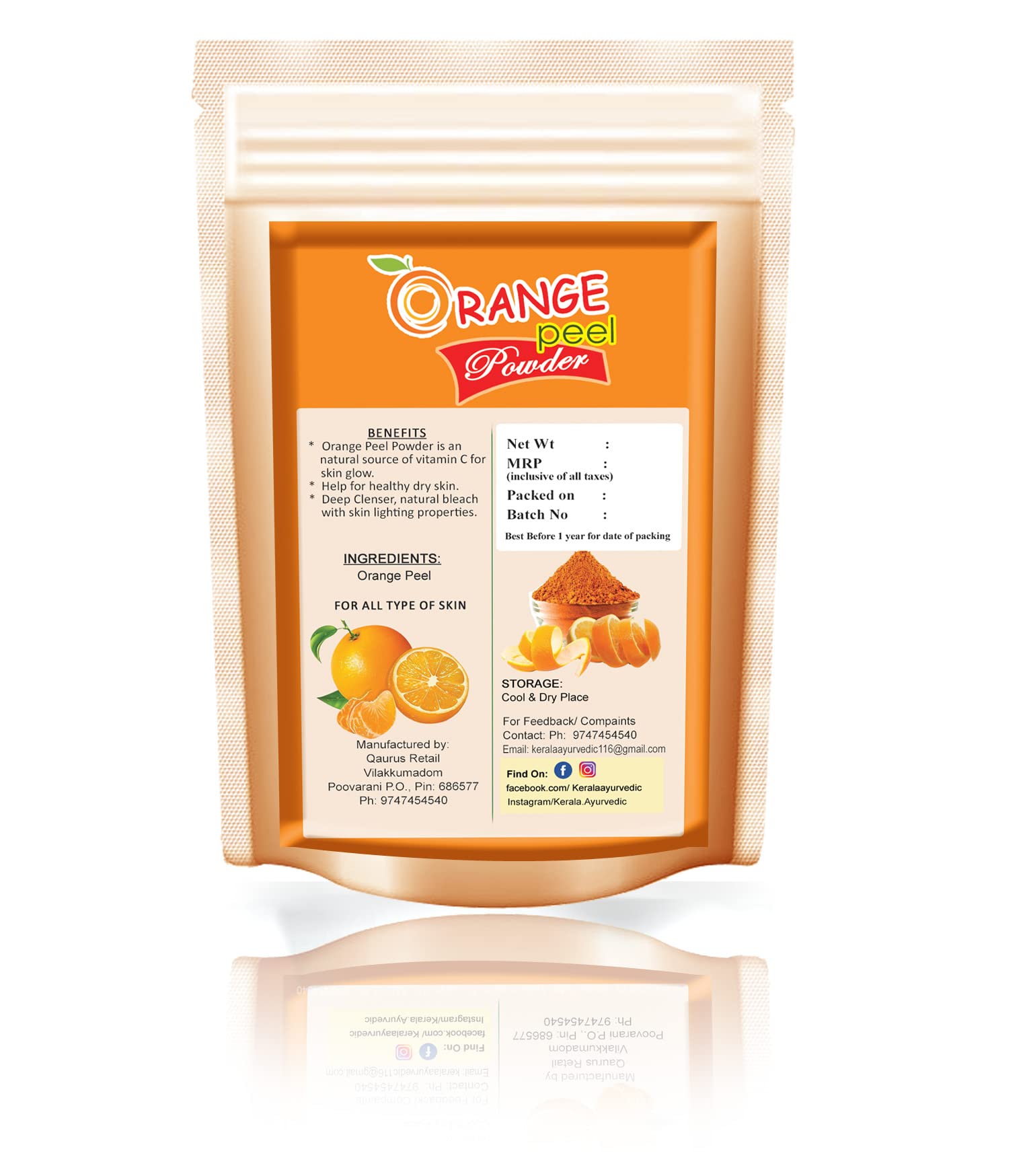 Kerala Ayurvedic Orange Peel & Turmeric Powder for Skin Care - 100g + Rose Water 100ml | Natural Face Pack for Glowing Skin