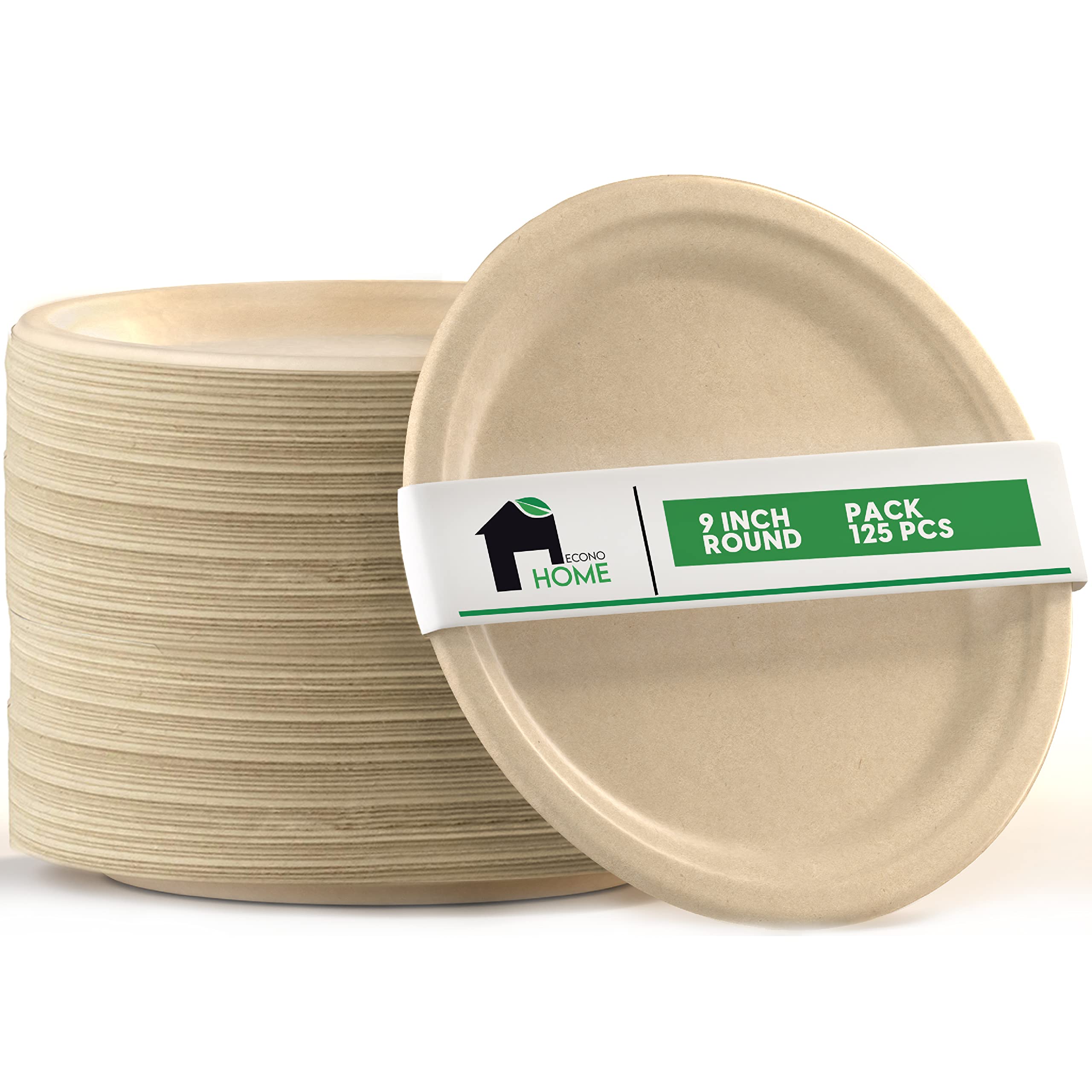 EconoHome 9 Inch Biodegradable Paper Plates [125-Pack] - Eco-Friendly Disposable Plates Made from Sugarcane Fiber - Microwave & Freezer Safe - Heavy Duty Dinner Plates for Parties, BBQs, Picnics & Family Gatherings