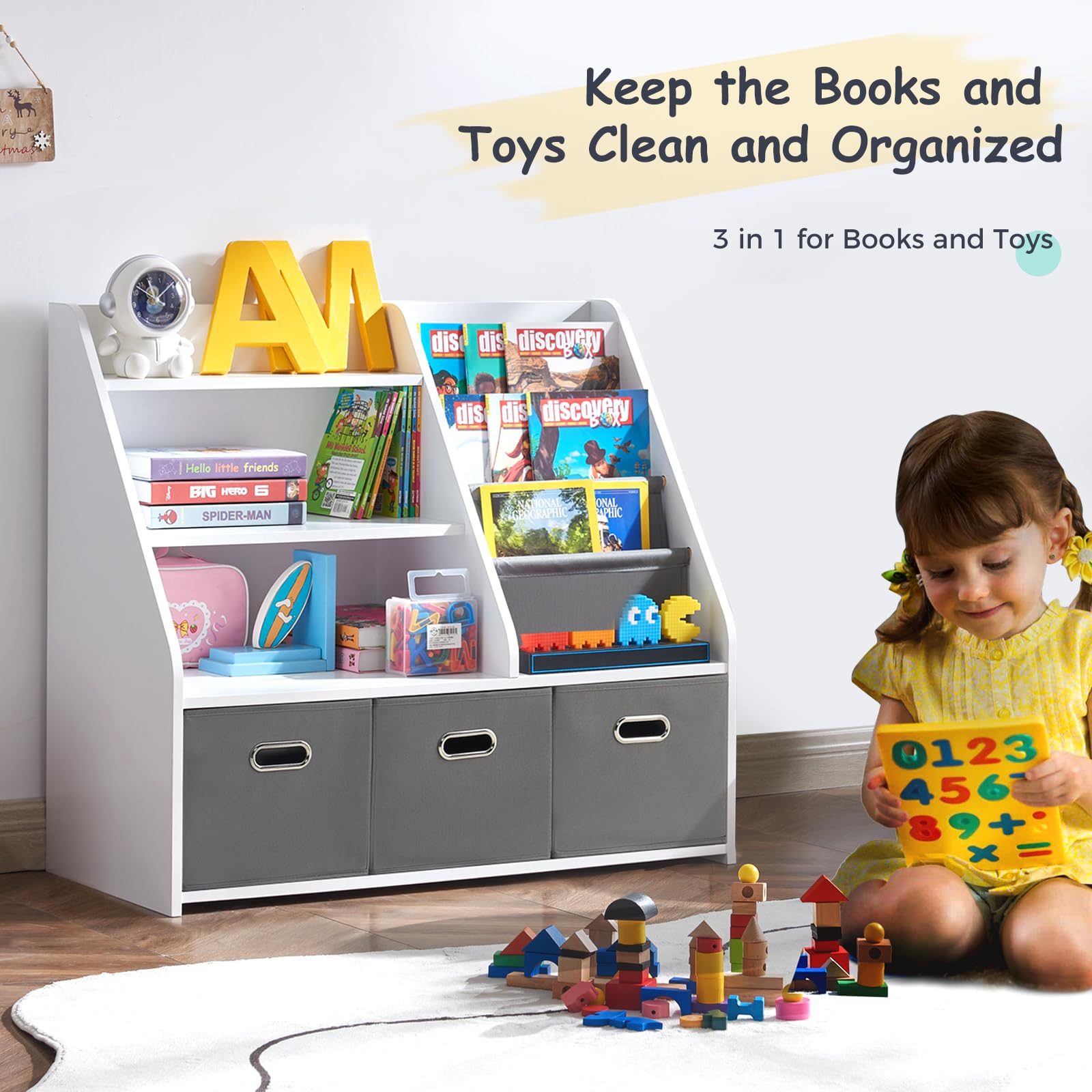 EFURDEN Kids Bookshelf & Toy Storage Organizer - White Wooden Book Display Shelf with Storage Bins for Bedroom, Playroom, Nursery & Classroom - Perfect for Organizing Children's Books, Toys and Learning Supplies