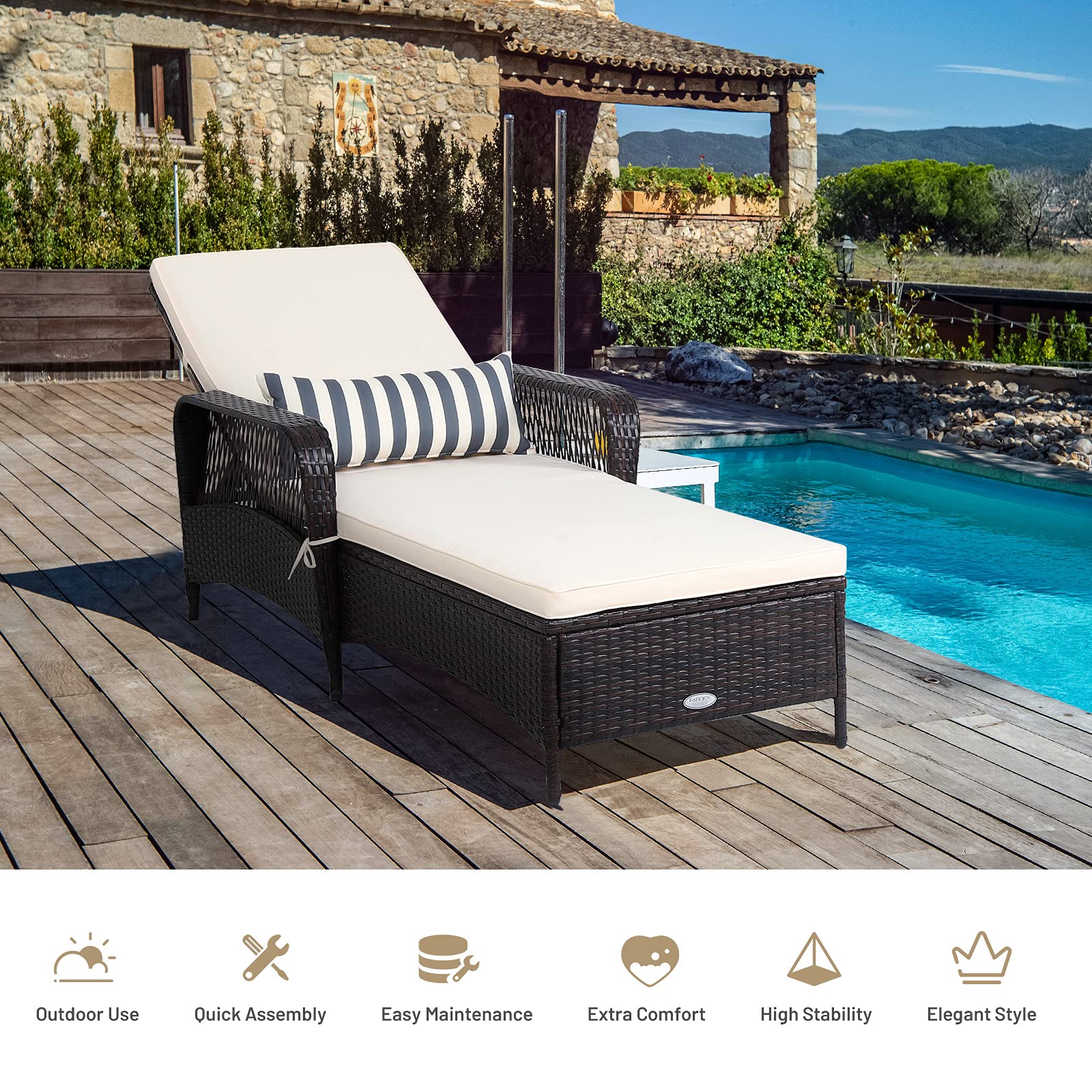 RELAX4LIFE PE Rattan Chaise Lounge - Outdoor Recliner Chair with Thick Cushion & Lumbar Pillow, 6-Position Adjustable Backrest, Non-Slip Foot Pads - Perfect for Sunbathing, Poolside Relaxation, Patio, Garden & Backyard Lounging (White)