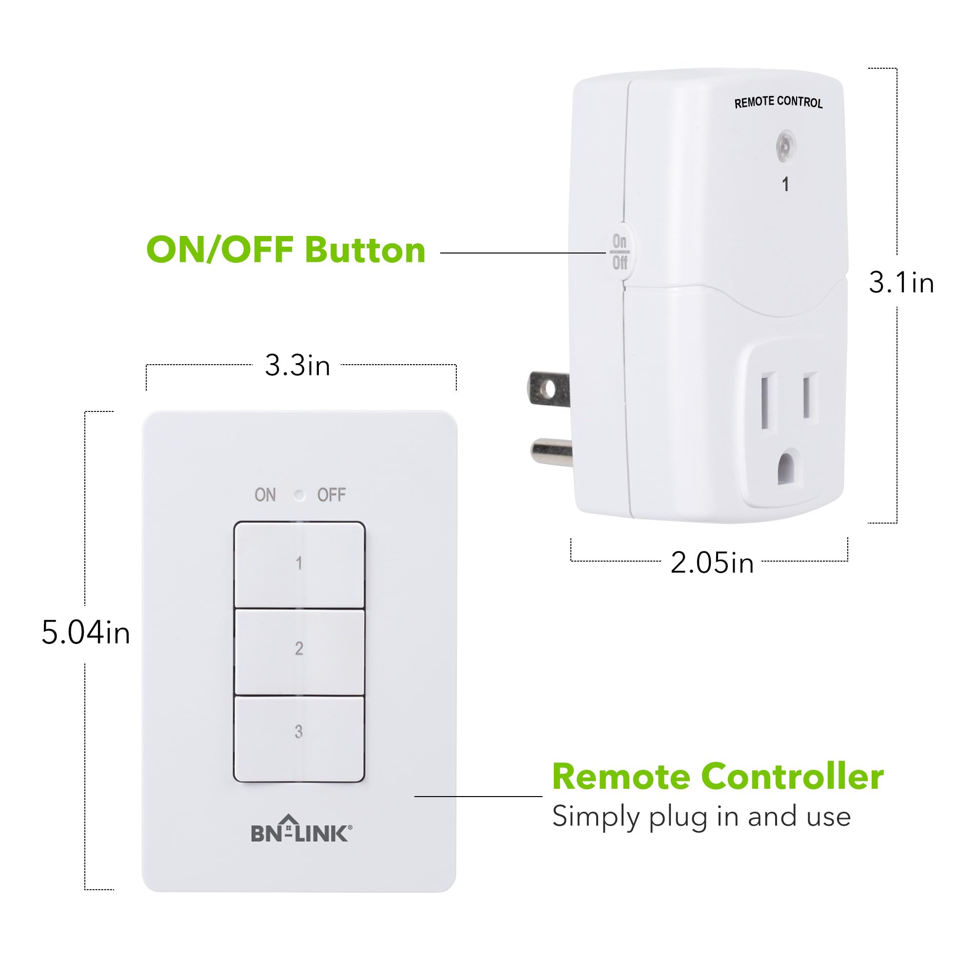 BN-LINK Mini Wireless Wall-Mount Remote Control Outlet Switch - 3 Outlet Power Plug for Home Appliances, Lights, LED Bulbs - White | Perfect for Bedroom, Living Room & Home Automation