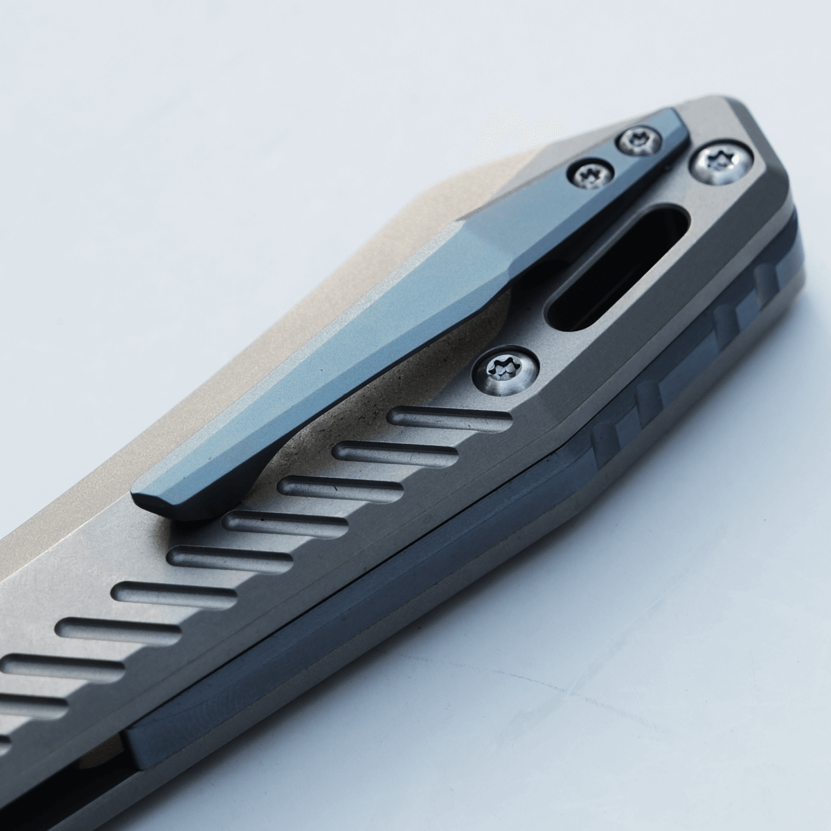 WMK Exclusive Vosteed RSKAOS Folding Knife - Gray Titanium Handle with Blue Hardware & ELMAX Wharncliffe Blade | EDC, Outdoor, Camping, Survival Gear