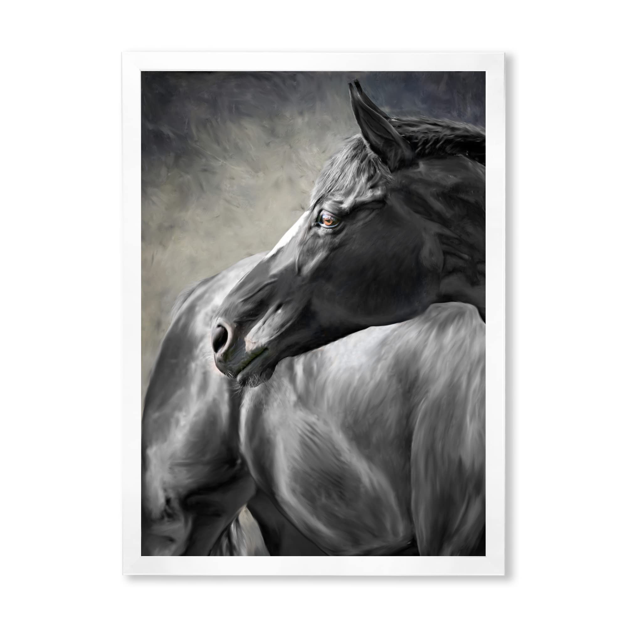 Farmhouse Framed Wall Art - Portrait of a Black Horse - Elegant Home Decor for Living Room, Bedroom & Office