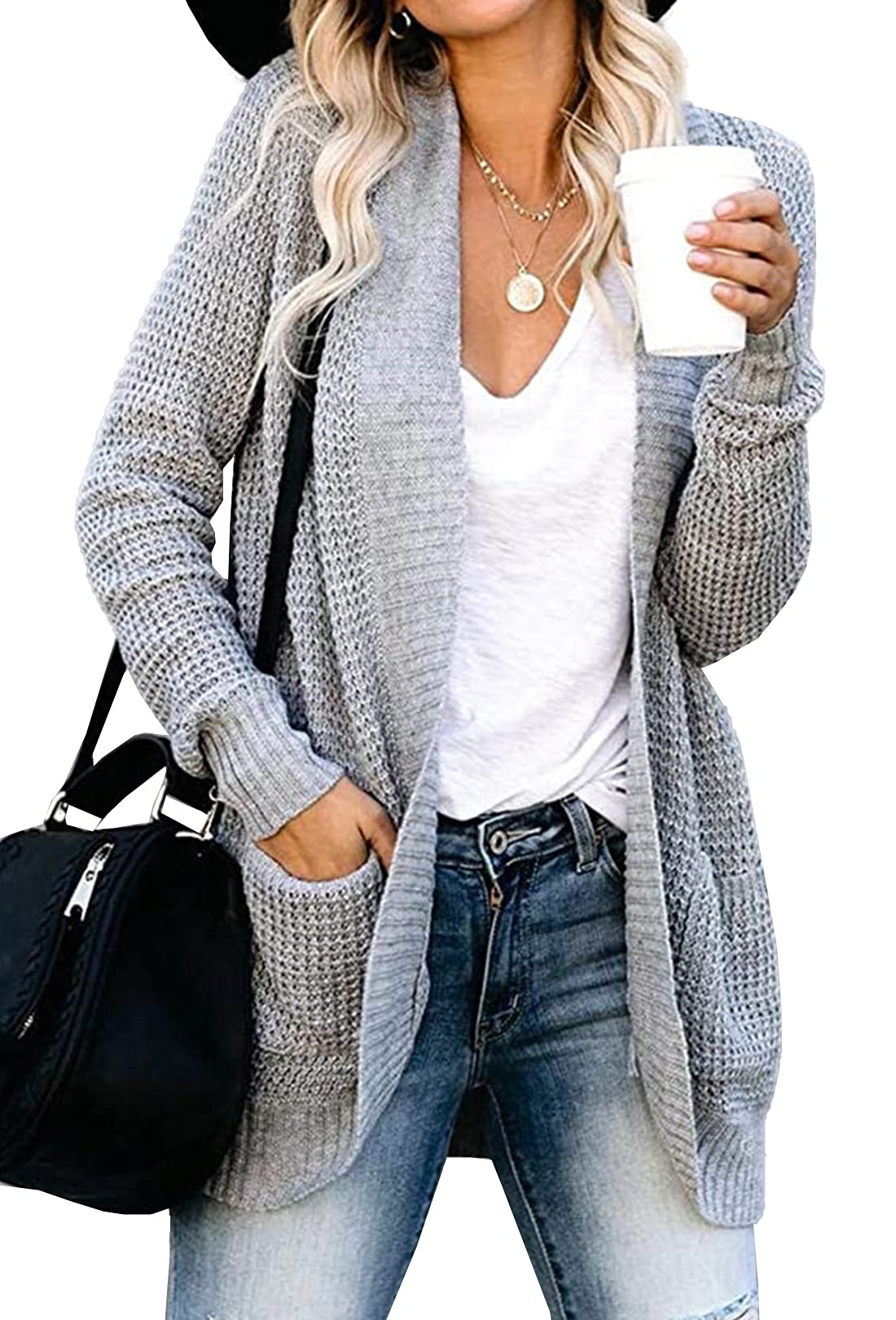PEHMEA Women's Lightweight Open Front Cardigan - Soft Waffle Knit Long Sleeve Sweater with Pockets - Perfect for Fall Layering, Office Wear & Casual Outfits