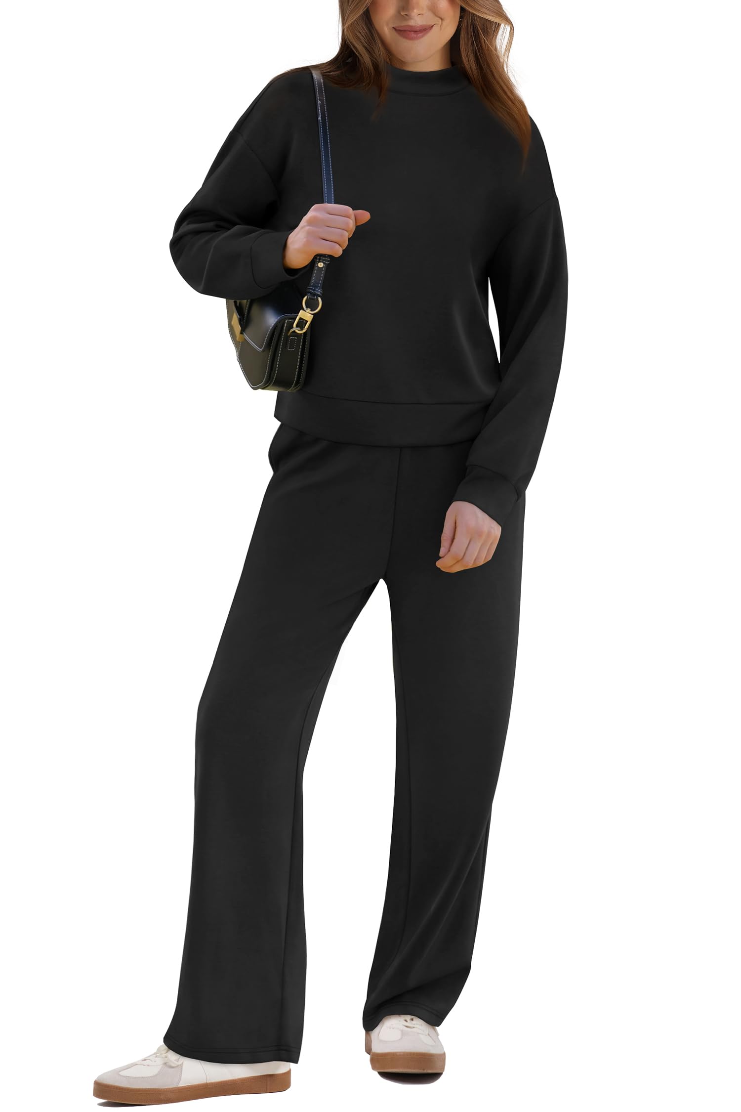 WIHOLL Women's Two Piece Lounge Set - Mock Neck Top & Wide Leg Pants for Fall | Comfortable Travel Outfit for Airport, Vacation & Casual Wear
