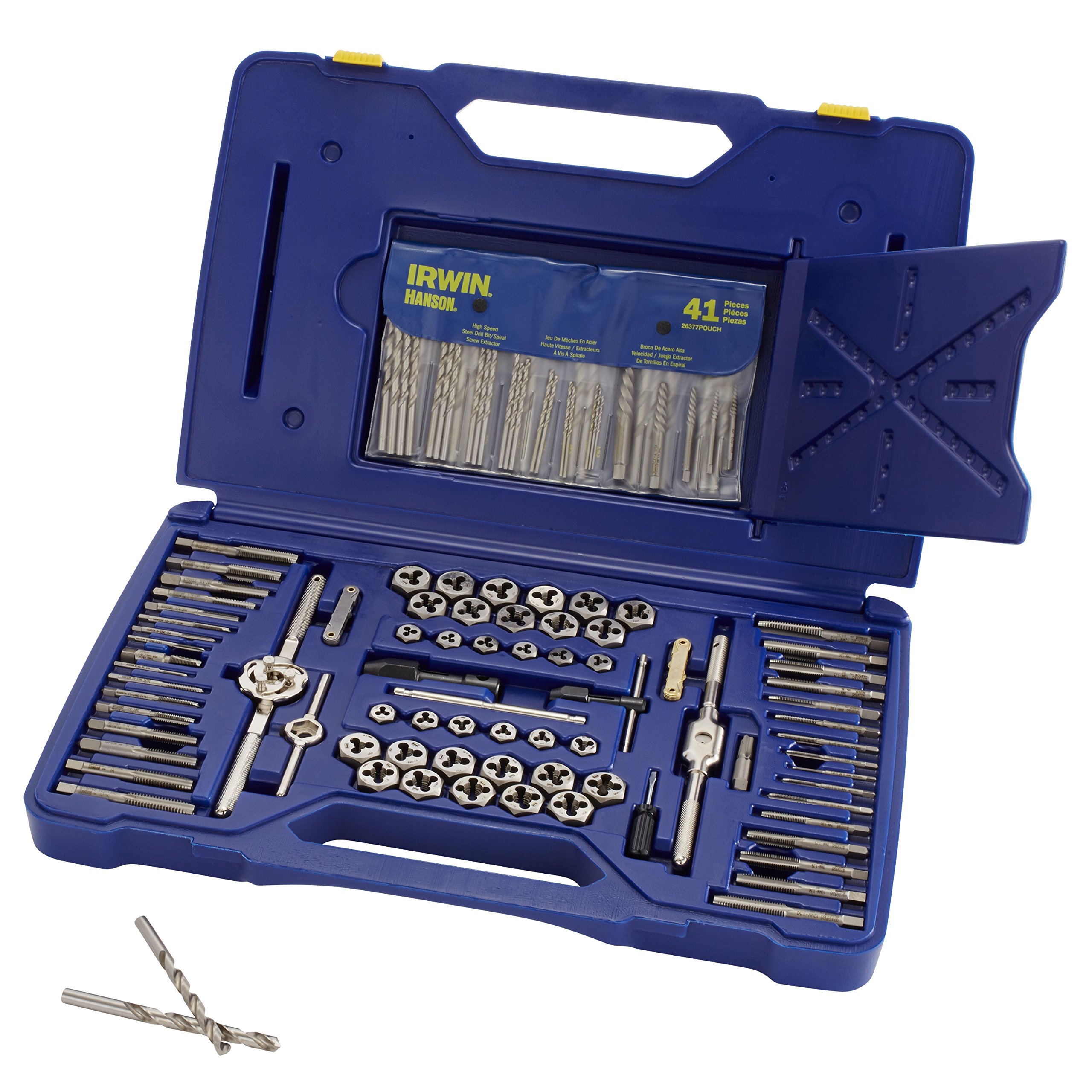 IRWIN Tools 117-Piece Deluxe Tap and Die Set with Machine Screws, Fractional/Metric Taps, Hex Dies & Drill Bits (26377) - Silver/Blue | Perfect for Metalworking, DIY Repairs & Automotive Maintenance