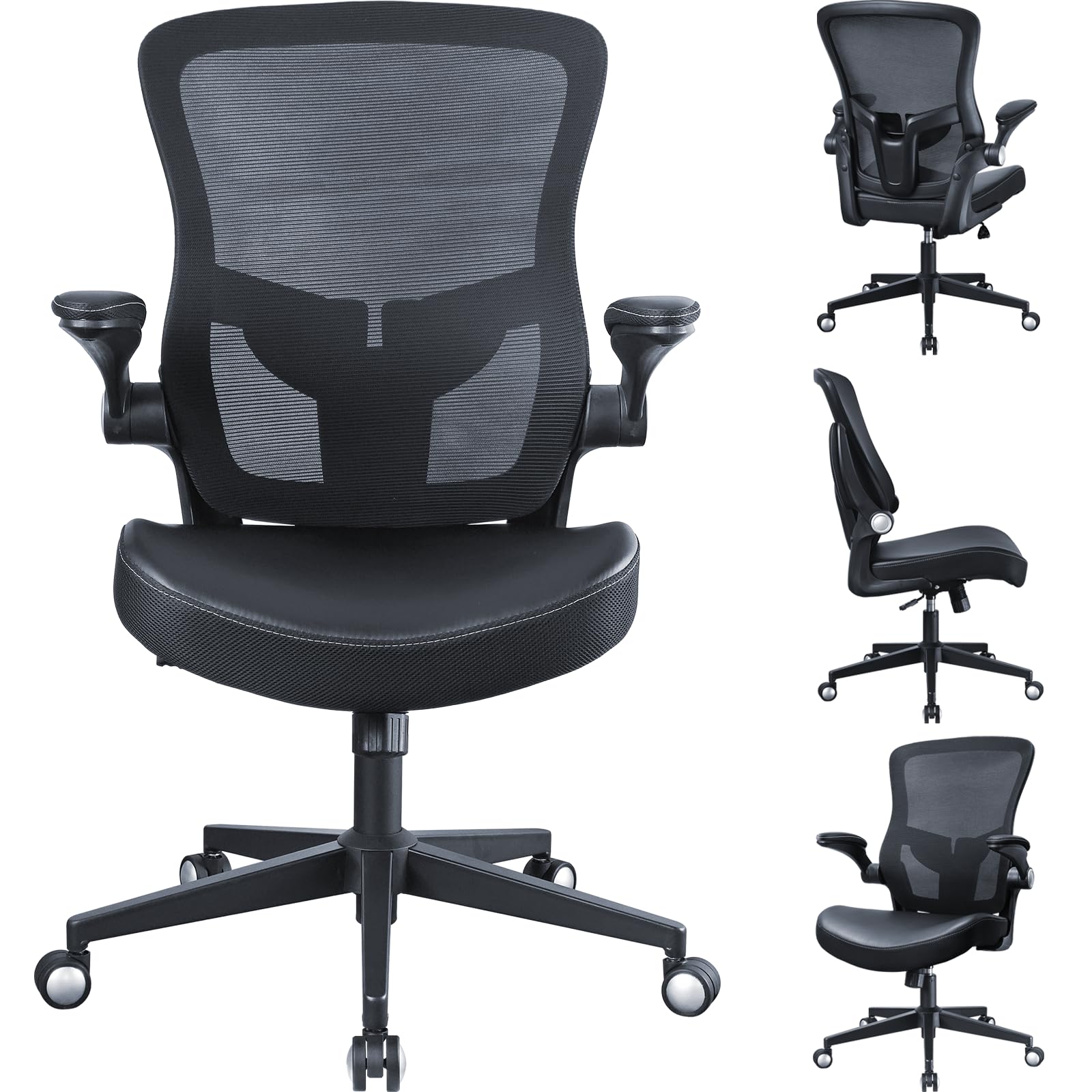 Ergonomic Office Chair with PU Leather Cushion - 350lbs Weight Capacity, Adjustable Seat Height & Lumbar Support, Flip-Up Arms - Perfect for Home Office, Gaming & Workspace Comfort