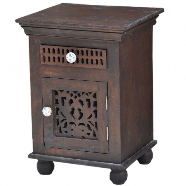 Hand Carved Solid Wood Nightstand - Rustic Brown Bedside Table with Drawer for Bedroom, Living Room & Home Decor