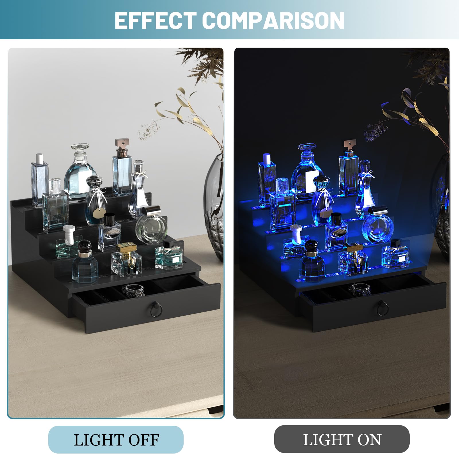 4-Tier LED Lighted Cologne Organizer for Men - Wooden Perfume Display Stand with Velvet Lined Drawer, Remote Control & Multiple Lighting Modes - Perfect Perfume Shelf for Bedroom, Bathroom or Dresser - Great Gift Idea for Him