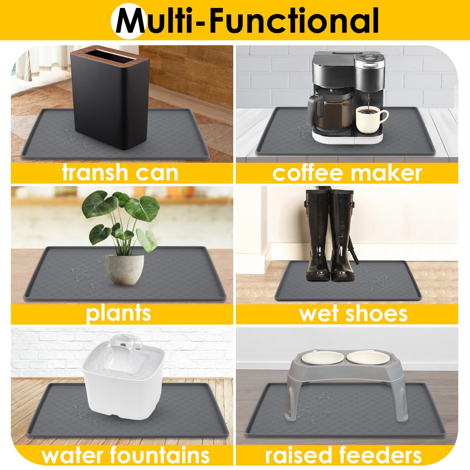 Premium Silicone Pet Food Mat - Non-Slip Waterproof Dog & Cat Feeding Mat with Raised Edges to Prevent Mess & Spills - Dishwasher Safe Floor Protector for Pets (Black, 24