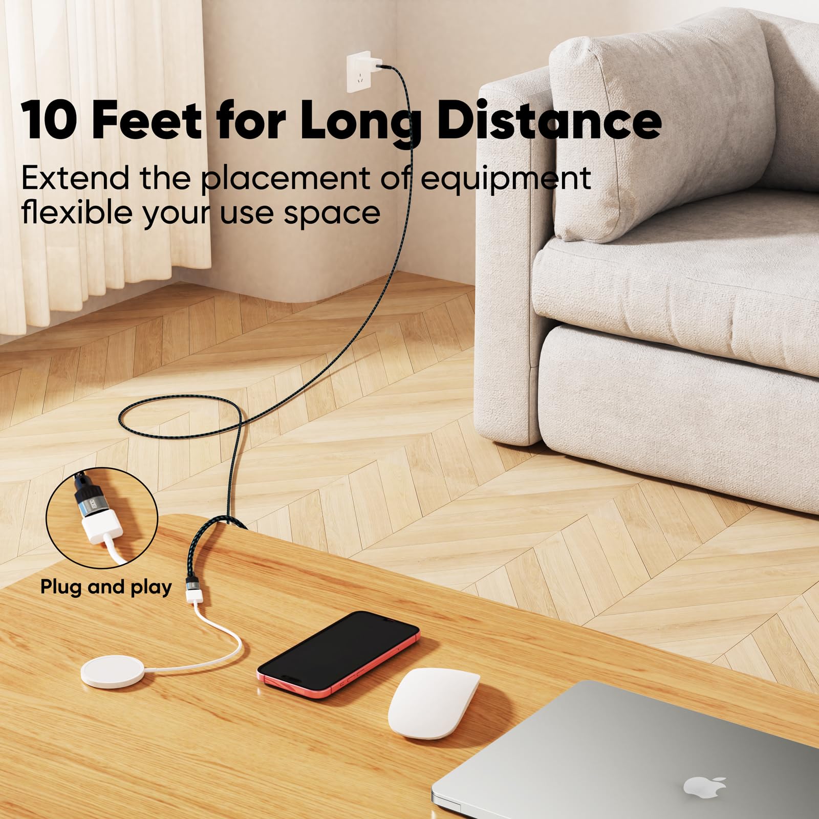 10Ft USB C Extension Cable - 100W Fast Charging, 10Gbps Data Transfer, 4K@60Hz Video - USB-C 3.2 Male to Female Extender for iPhone 16, Galaxy S25/S24, MacBook, Laptop, SSD - Perfect for Home Office, Gaming & Travel Charging
