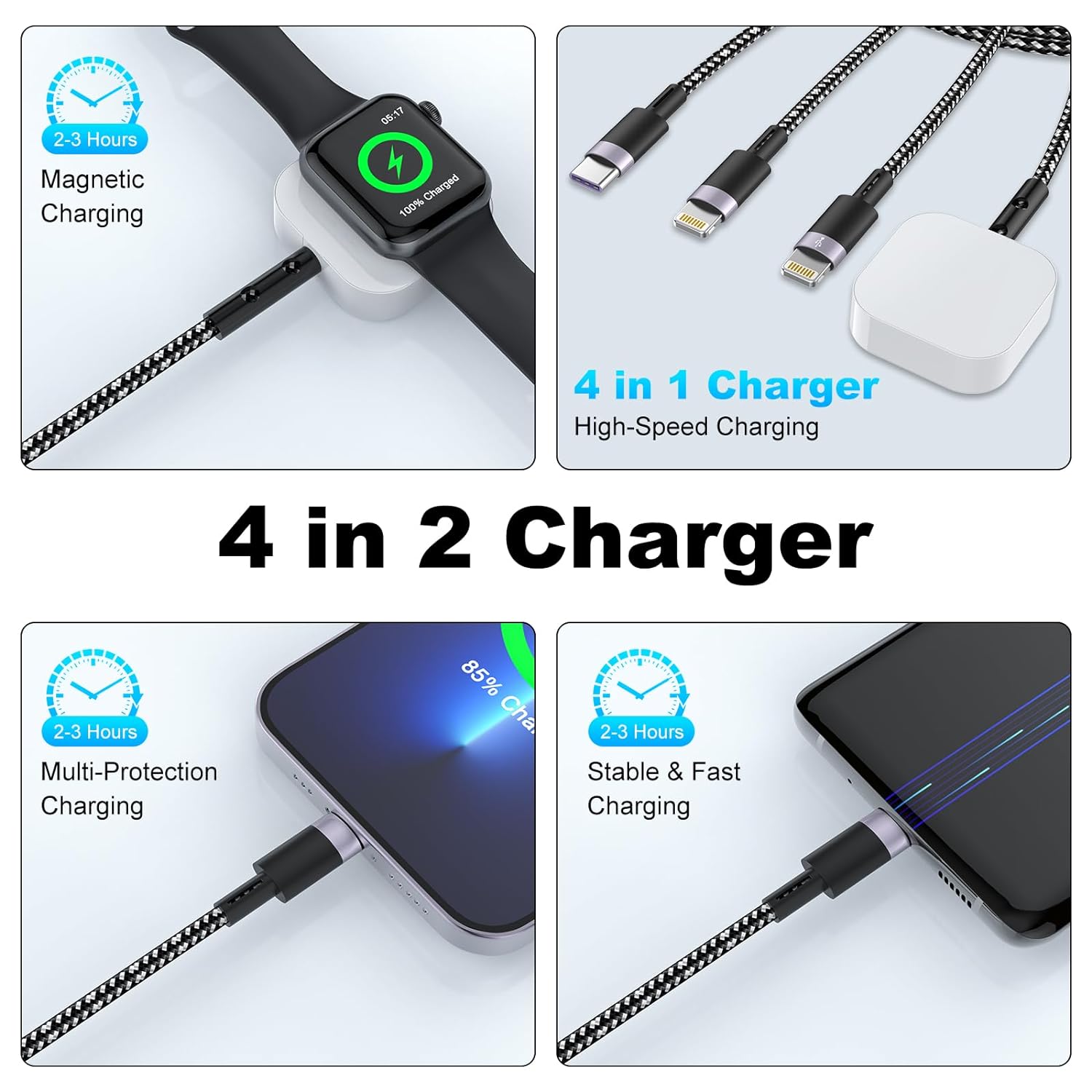 4-in-2 USB C Cable 20W PD Fast Charger with Magnetic Connector - Nylon Braided Durable Multi-Port Charging Cord for iPhone, Android, Tablet - Perfect for Home, Office & Travel