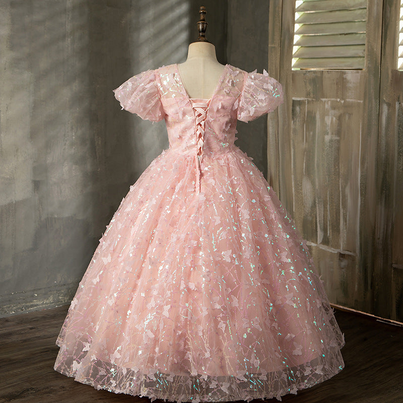 Sparkly Pink Sequin Flower Girl Dress for Weddings - Round Neck Puff Sleeve Princess Gown for Pageants, Birthday Parties & Special Occasions