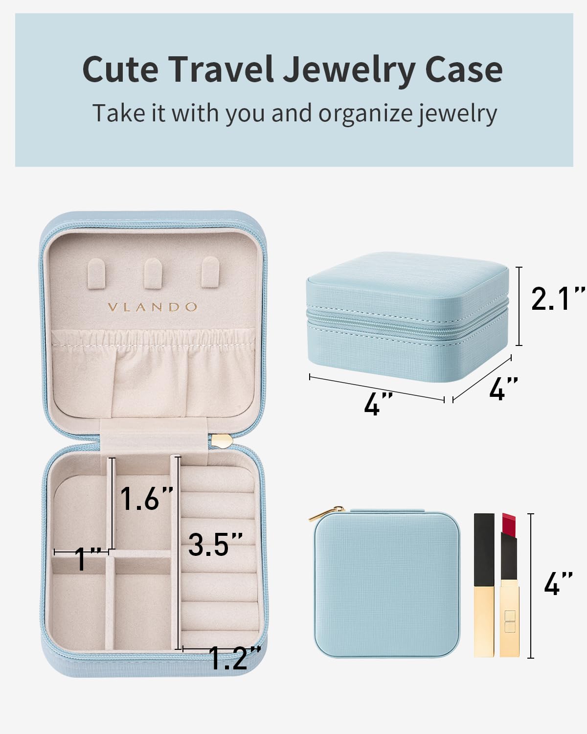 Vlando Travel Jewelry Organizer Case for Women - Portable Jewelry Box with Compartments for Necklaces, Rings & Earrings - Perfect for Vacation, Business Trips & Weekend Getaways (Blue)