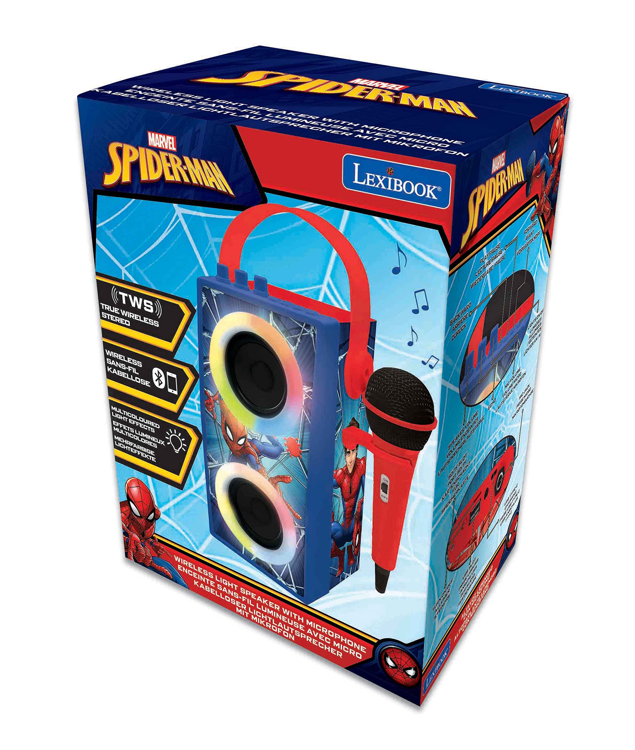 Lexibook Spider-Man Portable Bluetooth Speaker with Microphone - Wireless Karaoke Speaker with LED Light Effects, USB/SD Card Support & Rechargeable Battery (Blue/Red, BTP180SPZ) - Perfect for Kids' Parties, Home Karaoke & Outdoor Gatherings