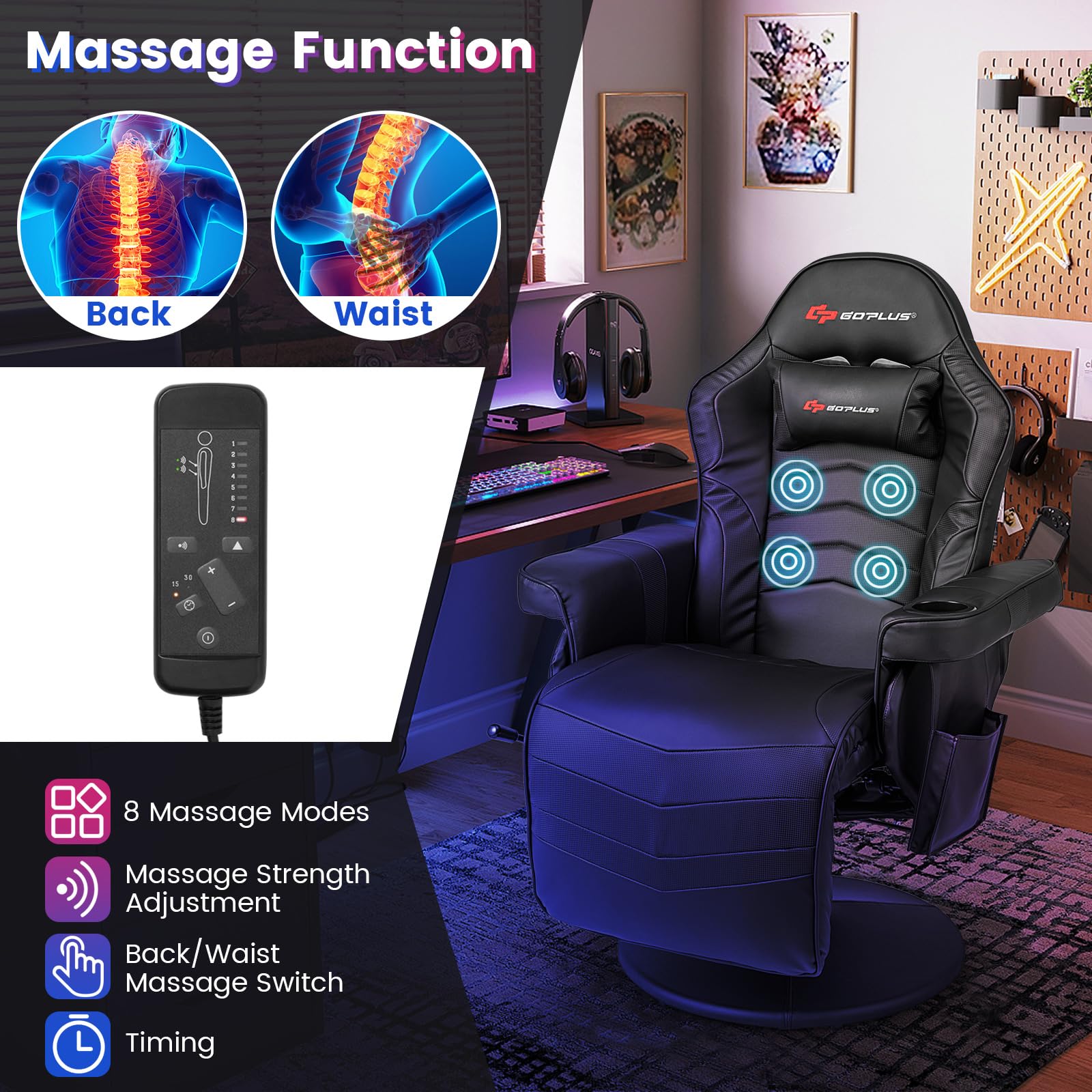 Goplus Ergonomic Gaming Chair - Adjustable Height, Massage, Retractable Footrest, Cup Holder & Headrest - Swivel Office & Racing Style Gamer Chair (Black) - Perfect for PC Gaming, Streaming & Home Office Work