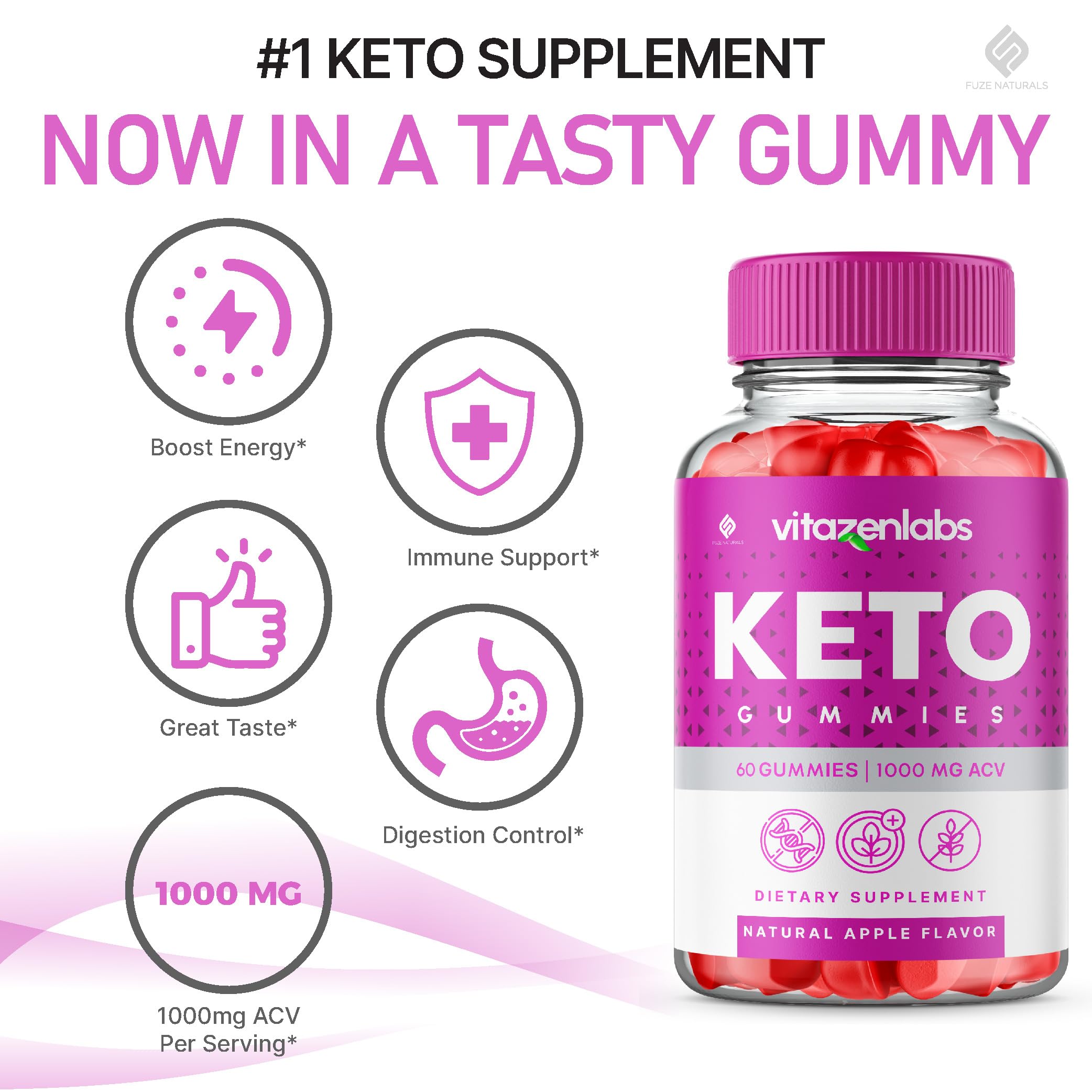 VitazenLabs Keto ACV Gummies (3 Pack) - 1000mg Apple Cider Vinegar Supplement for Weight Loss & Energy - Vegan, Sugar-Free Ketogenic Diet Support for Women & Men - 180 Gummies - Perfect for On-the-Go Healthy Snacking & Post-Workout Recovery