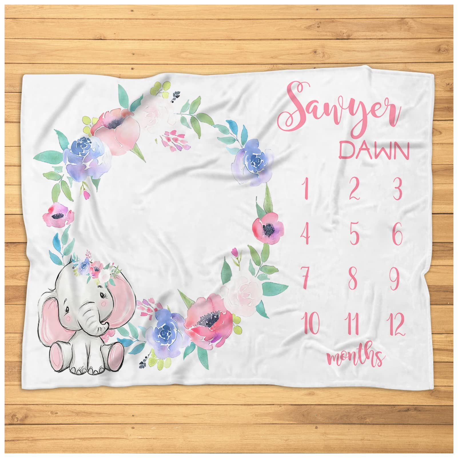 Personalized Pink Elephant Milestone Blanket for Baby Girls - Super Soft Plush Monthly Photo Blanket - Newborn Photography Prop & Nursery Decor - Perfect for 1st Birthday, Baby Shower Gifts & Monthly Milestone Pictures