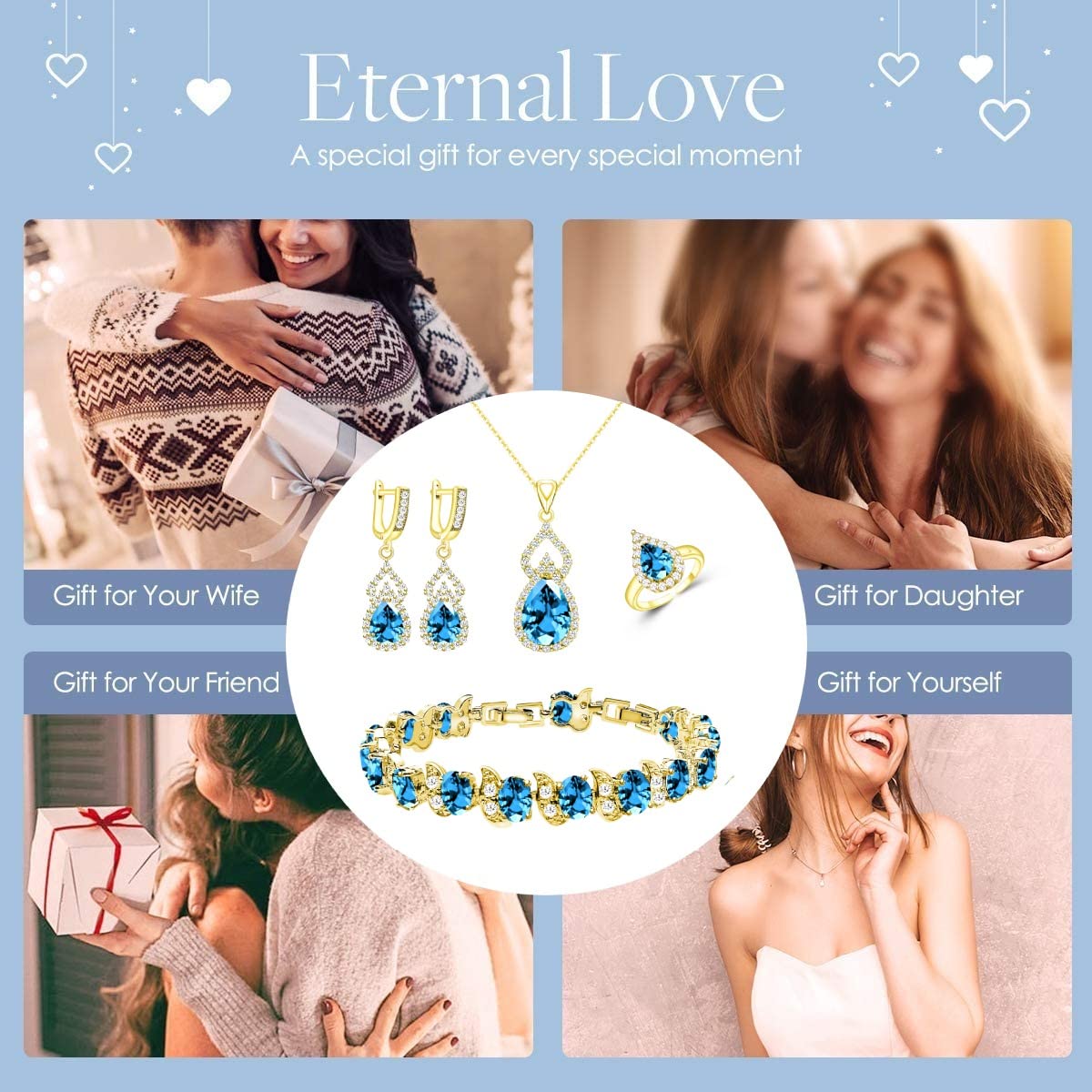 LMXXVJ Women's Jewelry Set - Sky Blue Crystal Gold Plated Earrings, Necklace, Ring & Bracelet Gift Set for Women | Perfect for Weddings, Parties, Anniversaries and Special Occasions