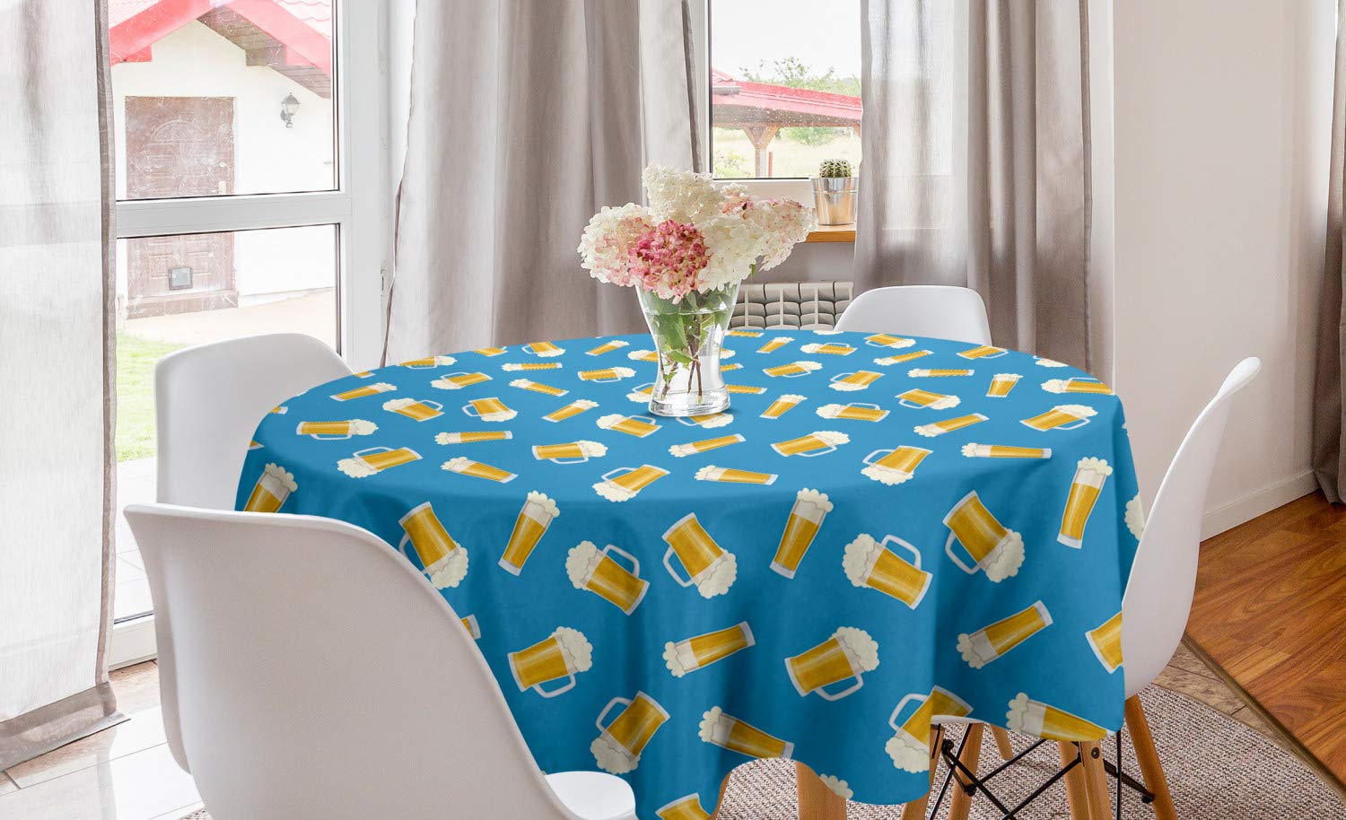 Lunarable Beer Themed Round Tablecloth - 60 Inch Circle Table Cover with Continuous Drink Mugs Print for Dining Room & Kitchen Decor | Perfect for Pub Parties, Oktoberfest Celebrations & Home Bar Setups | Sea Blue & Earth Yellow