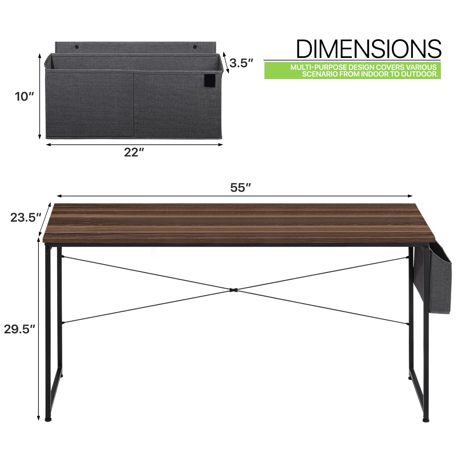Magshion 55-Inch Home Office Computer Desk with Storage Bag - Modern Simple Laptop Study Writing Table in Brown - Perfect for Small Spaces, Dorm Rooms & Home Office Workstations