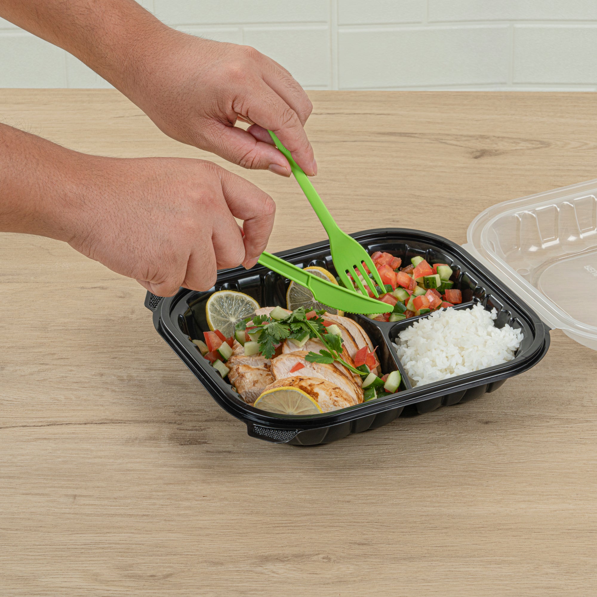 Eco-Friendly Compostable CPLA Plastic Cutlery Set - 100-Piece Box with Heat-Resistant Forks, Knives, Spoons & White Napkins | Perfect for Parties, Picnics, Catering & Zero-Waste Events